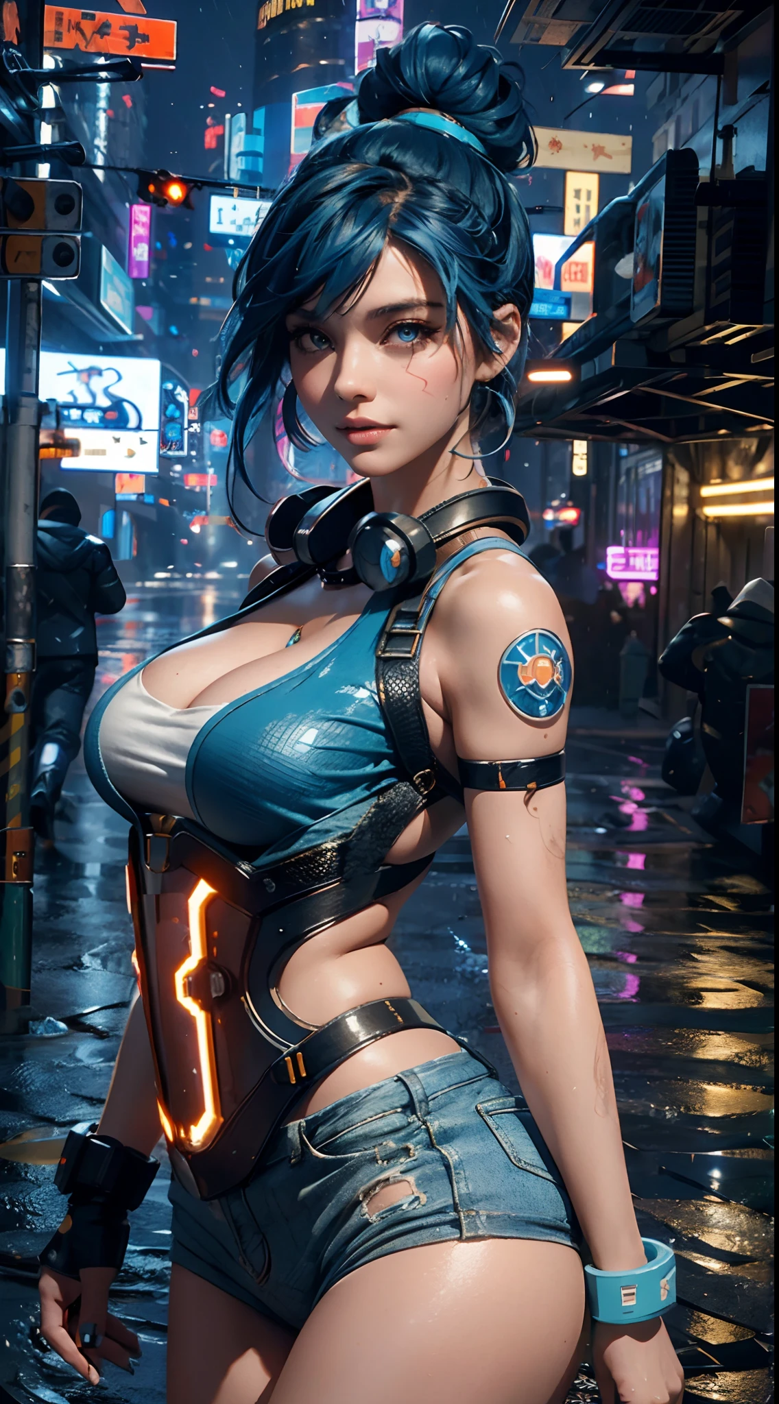 masterpiece, maximum quality, ultra high resolution, 8k, a girl,beauty,21years old,fair skin, extremely beautiful,strong gaze, alone,bust portrait,cyberpunk outfit, extremely detailed face, detailed eyes, mischievous smile, cheerful, realistic photo, totally realistic, human pelle, studio lighting,golden ratio body, wide hips,perfect legs, big ass,blue hair, double buns,blunt bangs,orange and white clothing,D-cup breasts,in the cyberpunk city,cyberpunk city background,((night)),rain,side pose