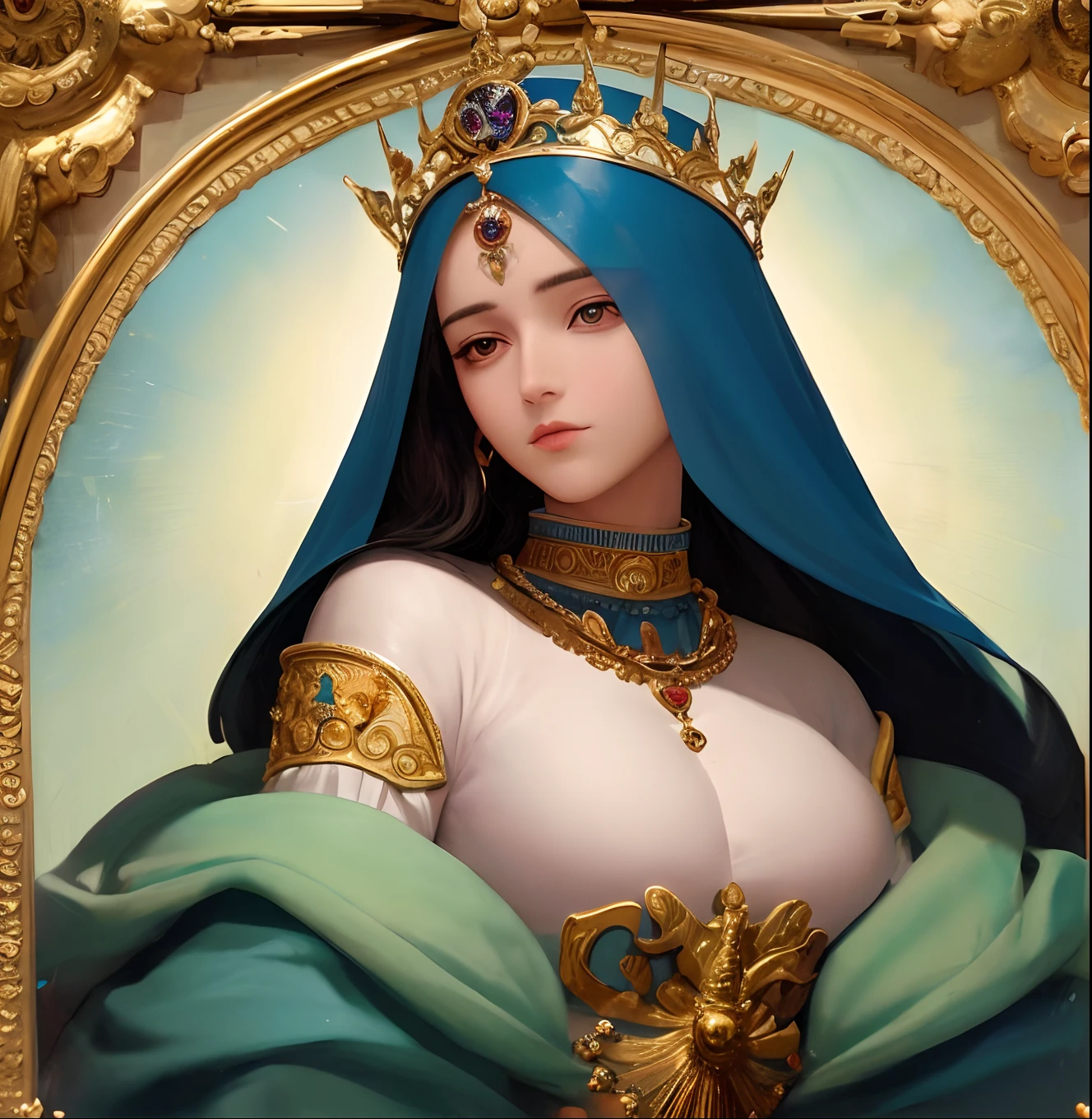 pintura de uma mulher com uma coroa e uma espada segurando uma rosa, inspirado no Mestre da Lenda de Santa Luzia, queen of heaven, inspirado por Li Chevalier, inspirado em Carlo Crivelli, lord of change, Retrato da Rainha da Luz, Arcanjo Miguel, O Deus Imperador da Humanidade, ((uma bela imperatriz fantasia)), inspirado em Hubert van Eyck