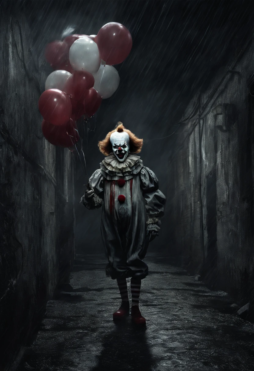 "Generate a description for an image that represents a Victorian-era setting, sombrio e chuvoso. No centro dessa cena, There is the figure of a sinister and realistic clown, cujo sorriso perturbador lembra o Pennywise. He's standing inside a sewer environment, holding a red balloon that stands out vividly in the darkness. The atmosphere evokes a sense of straw phobia, where the fear of the clown is amplified by the gloomy scenery and the incessant rain."