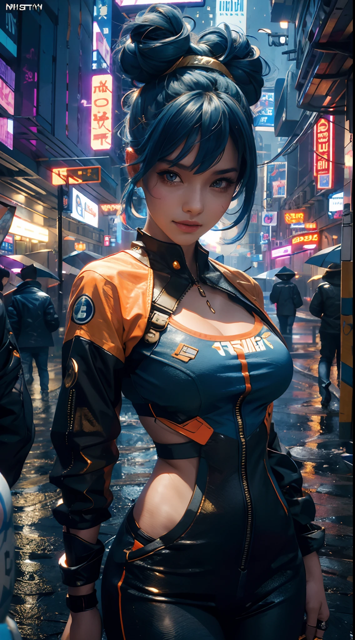 masterpiece, maximum quality, ultra high resolution, 8k, a girl,beauty,21years old,fair skin, extremely beautiful,strong gaze, alone,bust portrait,cyberpunk outfit, extremely detailed face, detailed eyes, mischievous smile, cheerful, realistic photo, totally realistic, human pelle, studio lighting,golden ratio body, wide hips,perfect legs, big ass,blue hair, double buns,blunt bangs,orange and white clothing,D-cup breasts,in the cyberpunk city,cyberpunk city background,((night)),rain,side pose