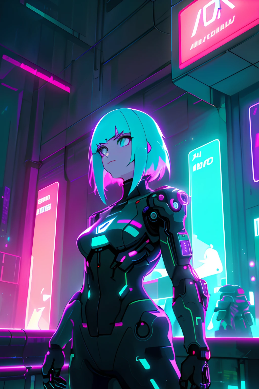 (A girl with cybernetic implants in a futuristic city at night),(neon lights, holographic advertisements, CARROS VOADORES),(best quality,ultra-detalhado,Alto),(Cyberpunk,scientific fiction),(cores vibrantes,tons escuros), (dynamic lighting,Candeeiros de rua,sinais luminosos)