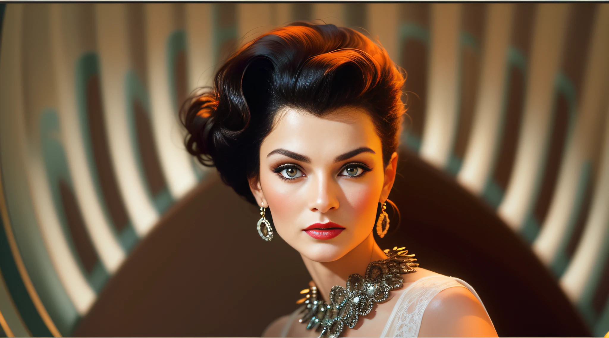 closeup, Portrait, 50s illustration style, 40s mature woman, supermodel, fancy 2020 dark hairstyle, 50s ads style, Vogue magazine, Classic elegance, film stills, film shot, focal length Kodak Ektar, Chanel, classic elegance, flat orange background