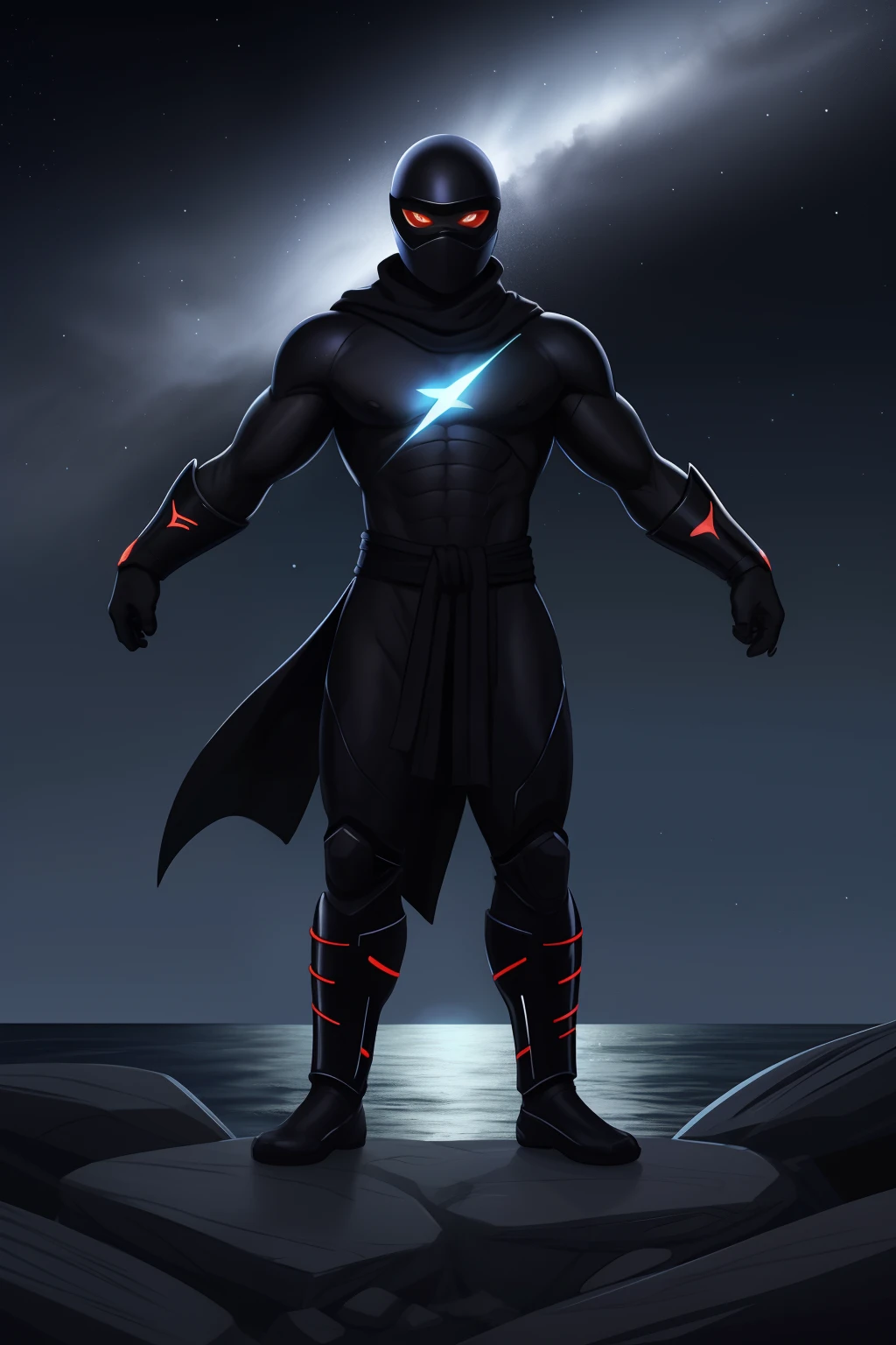 Create an image of a black ninja after an apocalypse in the future full-body shot, olhos firmes, olhando para frente, lightning in the sky, arms extended, olhando para frente, parado no topo de uma montanha, manto e capa vermelhos, cruz brilhante no ar. ,arte de luz neon, No escuro da noite, Um navio alto navega pelos mares iluminados pela ,lua, Estrelas, colorido, circunstanciado, 4k
