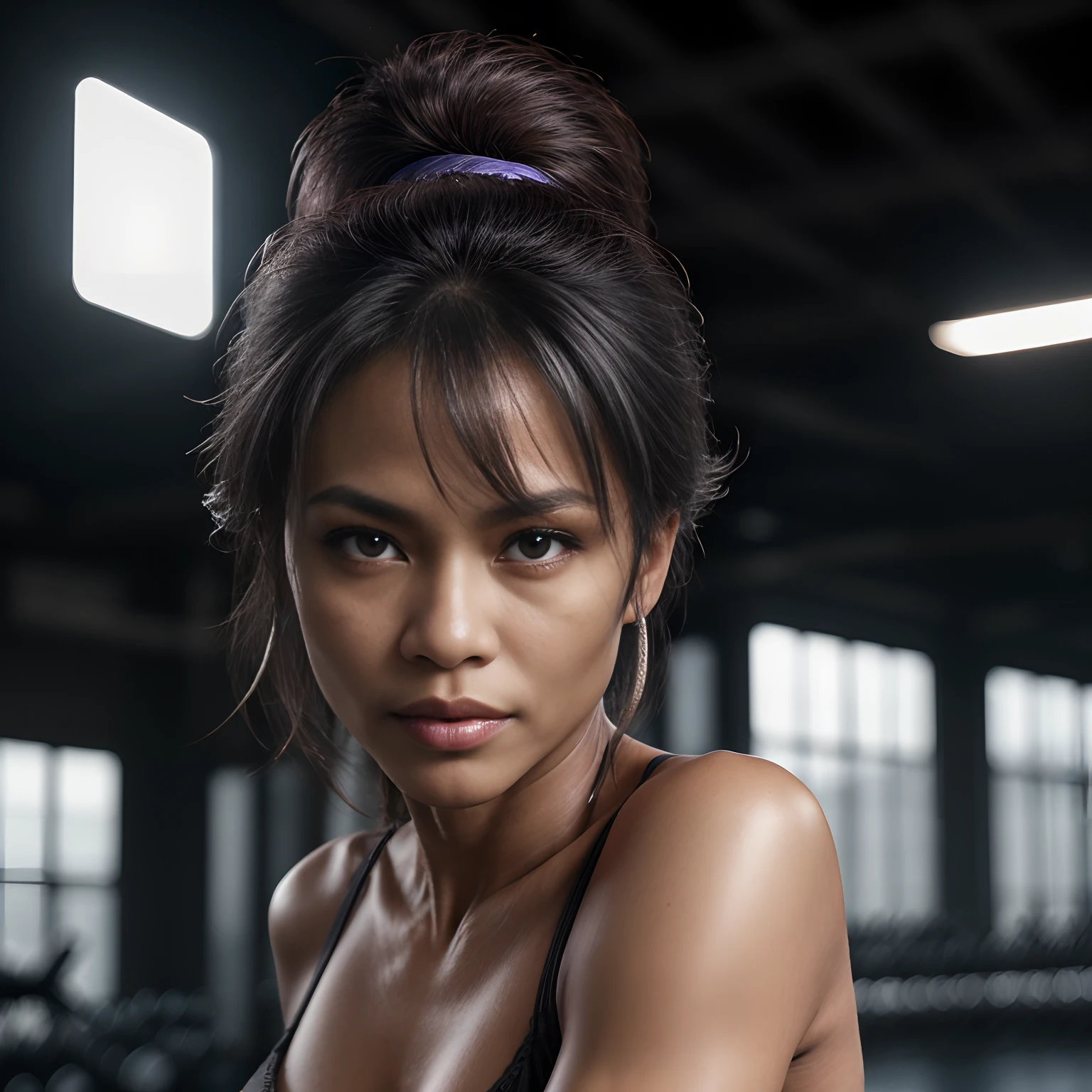 (editorial photograph of an 58 year old Melanesian Indonesian woman), (slim top, cotton panties, MMA gloves), (straight hair), (highly detailed face:1.4), (muscles:1.2), (MMA pose:1.2), (background inside light, bright, private gym:1.1), (8k, uhd, dslr, high quality, cinematic lighting, bokeh), (dramatic, award winning photography, incredible masterpiece:1.3), (((sexy haughty stare at camera)))