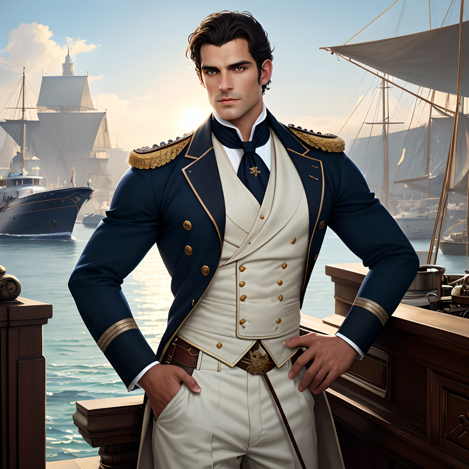 masterpiece stunning beautiful tanned masculine man, wearing regency navy uniform, no hat, ((sunny harbor background)), black very short hair, perfect, big and detailed blue eyes, resemblance to henri cavill with maxi iglesias, harmonic and detailed face, full body, cover, hyperdetailed painting, luminism, Bar lighting, complex, 4k resolution concept art portrait by Greg Rutkowski, Artgerm, WLOP, Alphonse Mucha: a stunning realistic photograph 30 years