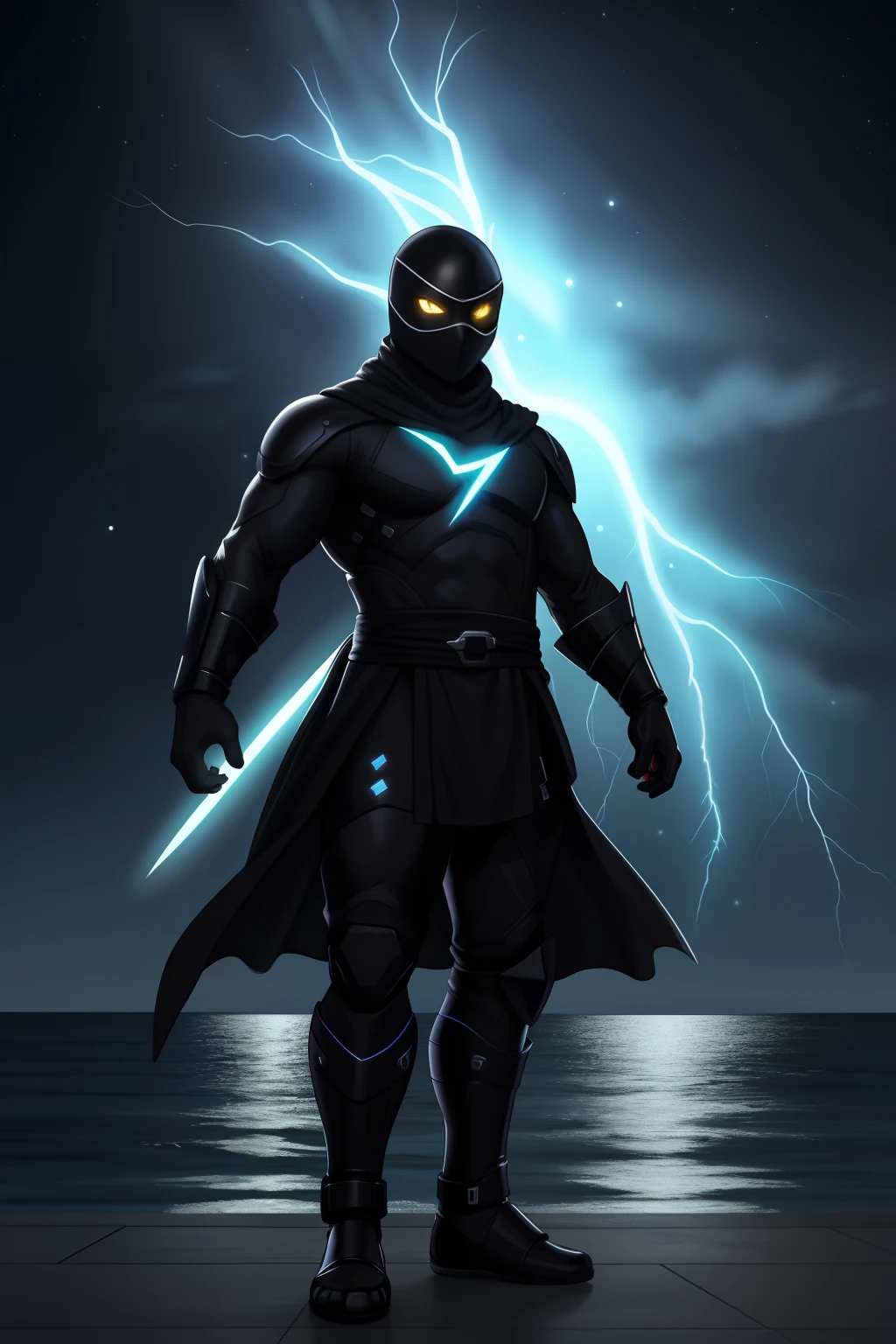Create an image of a black ninja after an apocalypse in the future full-body shot, olhos firmes, olhando para frente, lightning in the sky, arms extended, olhando para frente, parado no topo de uma montanha, manto e capa vermelhos, cruz brilhante no ar. ,arte de luz neon, No escuro da noite, Um navio alto navega pelos mares iluminados pela ,lua, Estrelas, colorido, circunstanciado, 4k