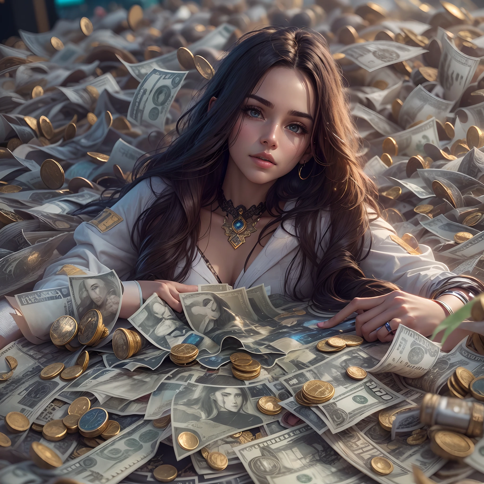 Top quality, masterpiece, super high resolution, ((Photorealistic: 1.4), raw photo, 1 beautiful girl buried in money, ((portrait)), shiny skin, (super realistic details)), Banknotes and coins from all over the world cover your hands and feet, as well as financial education. Long hair tied with a wad, gold attached to the neck, sparkling jewels connected to the head, octane rendering, 8K, super sharp, metal, intricate decorative details, very intricate details, realistic light, Neon details, (futuristic city in the background), facing the camera