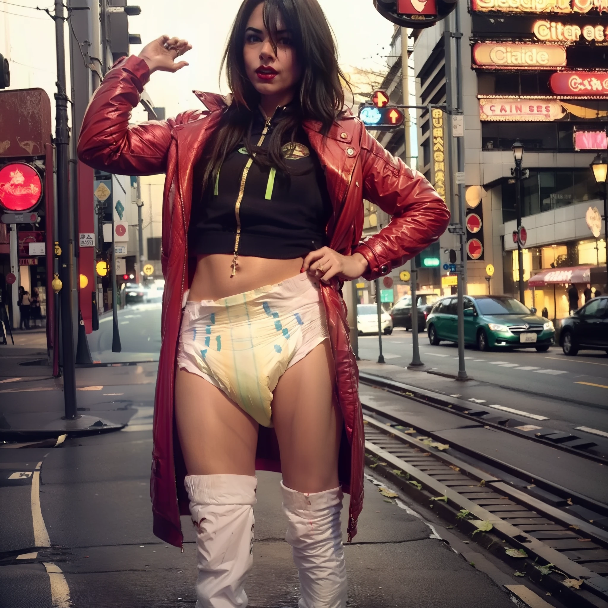 (masterpiece, top quality, best quality, highly detailed:1.2), colorful, 1girl, solo, photo of a sexy woman posing seductively on the street corner in a soiled diaper, city, outdoors, standing, diaper, black diaper, wet diaper, soggy diaper, messed diaper, diaper mess, hypermessing, diaper waistband peek, faded wetness indicator, thigh high heels, black hair, green eyes, smirking, golden braclet, red biker jacket, revealing white crop top, stockings, jade ring, red lipstick, night, neon lights, city