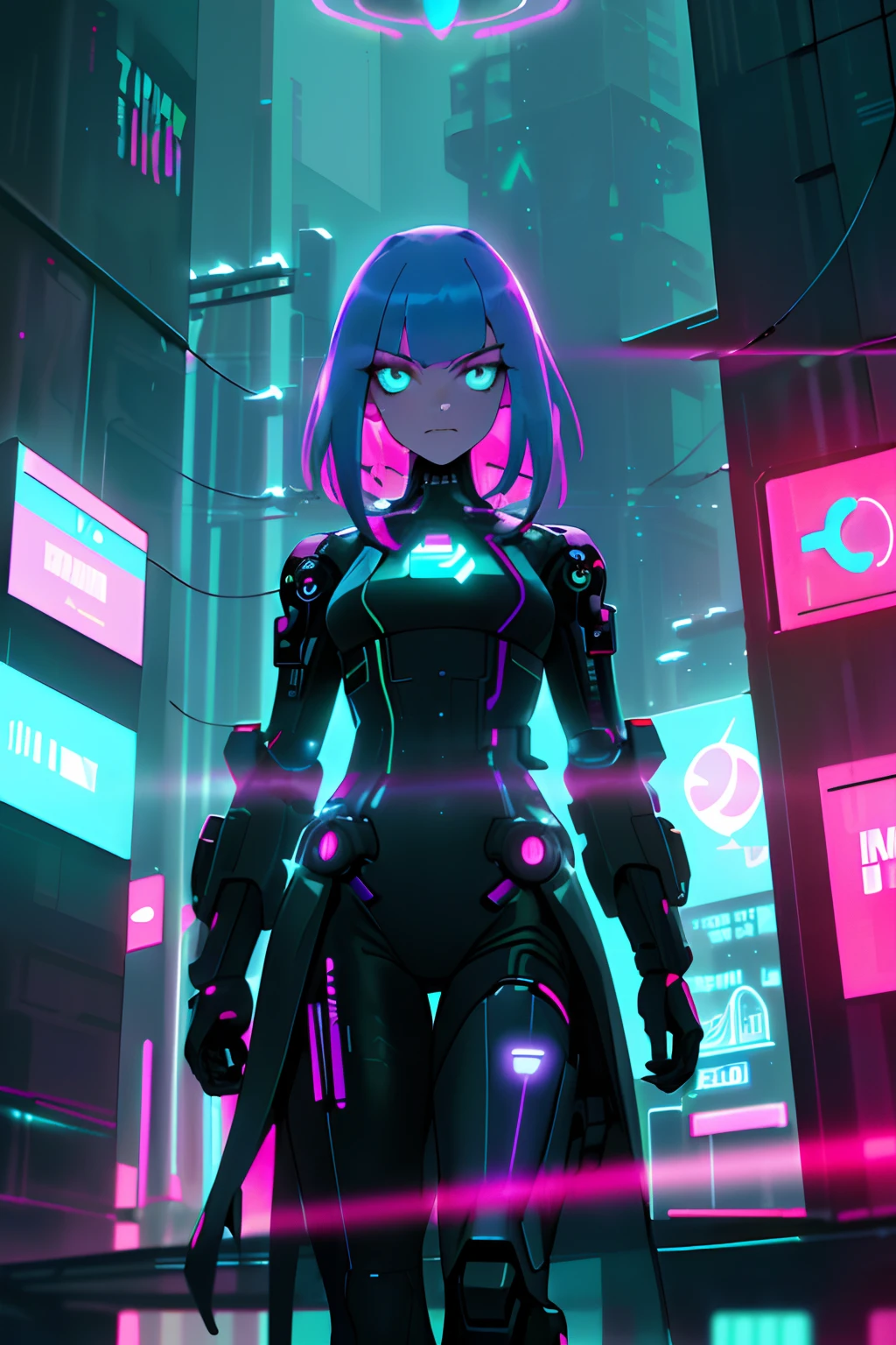 (A girl with cybernetic implants in a futuristic city at night),(neon lights, holographic advertisements, CARROS VOADORES),(best quality,ultra-detalhado,alto),(Cyberpunk,scientific fiction),(cores vibrantes,tons escuros), (dynamic lighting,Candeeiros de rua,sinais luminosos)