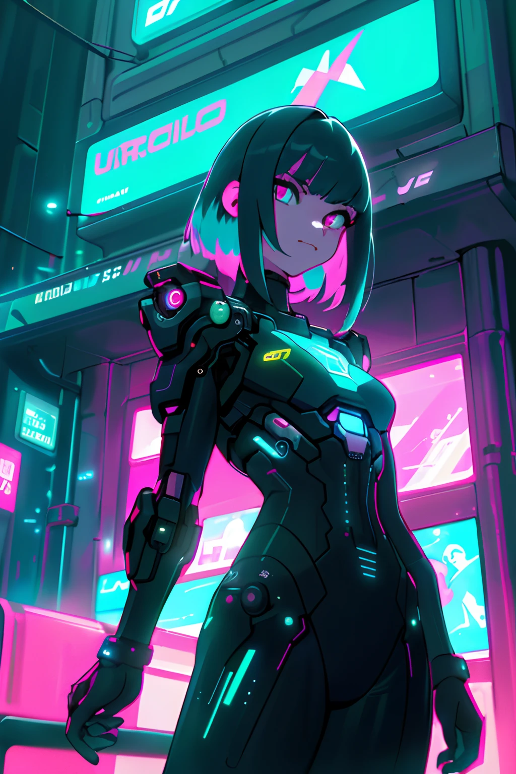 An anime-style cyberpunk illustration of a young woman with a short bob haircut, wearing futuristic armor with glowing accents. She stands in a vibrant cityscape with neon-lit skyscrapers and holographic advertisements, featuring a color scheme dominated by teal and red."