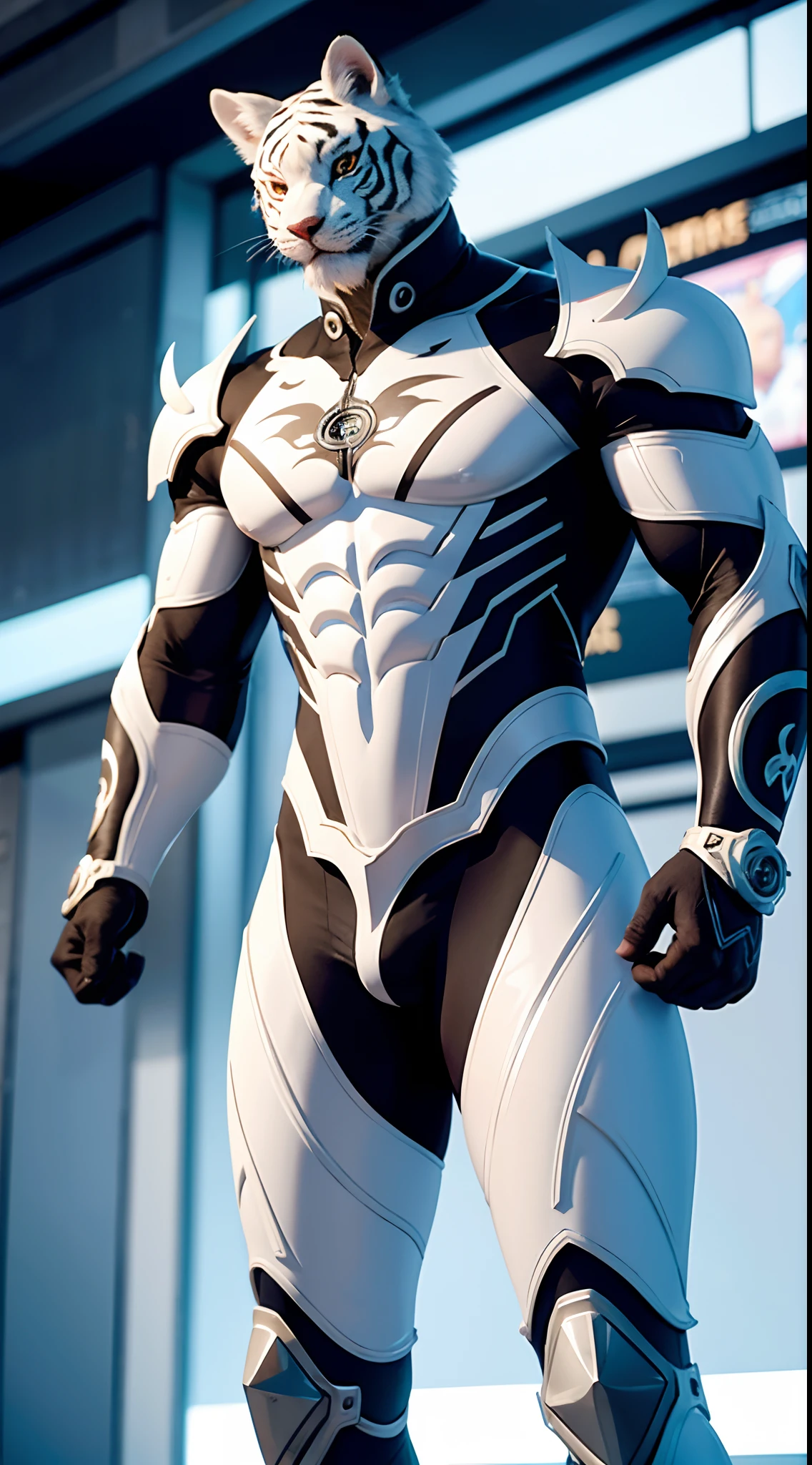 FUTURISTIC CHINESE WHITE TIGER MAN, MECHANICAL ARMOR, MUSCLE BODY