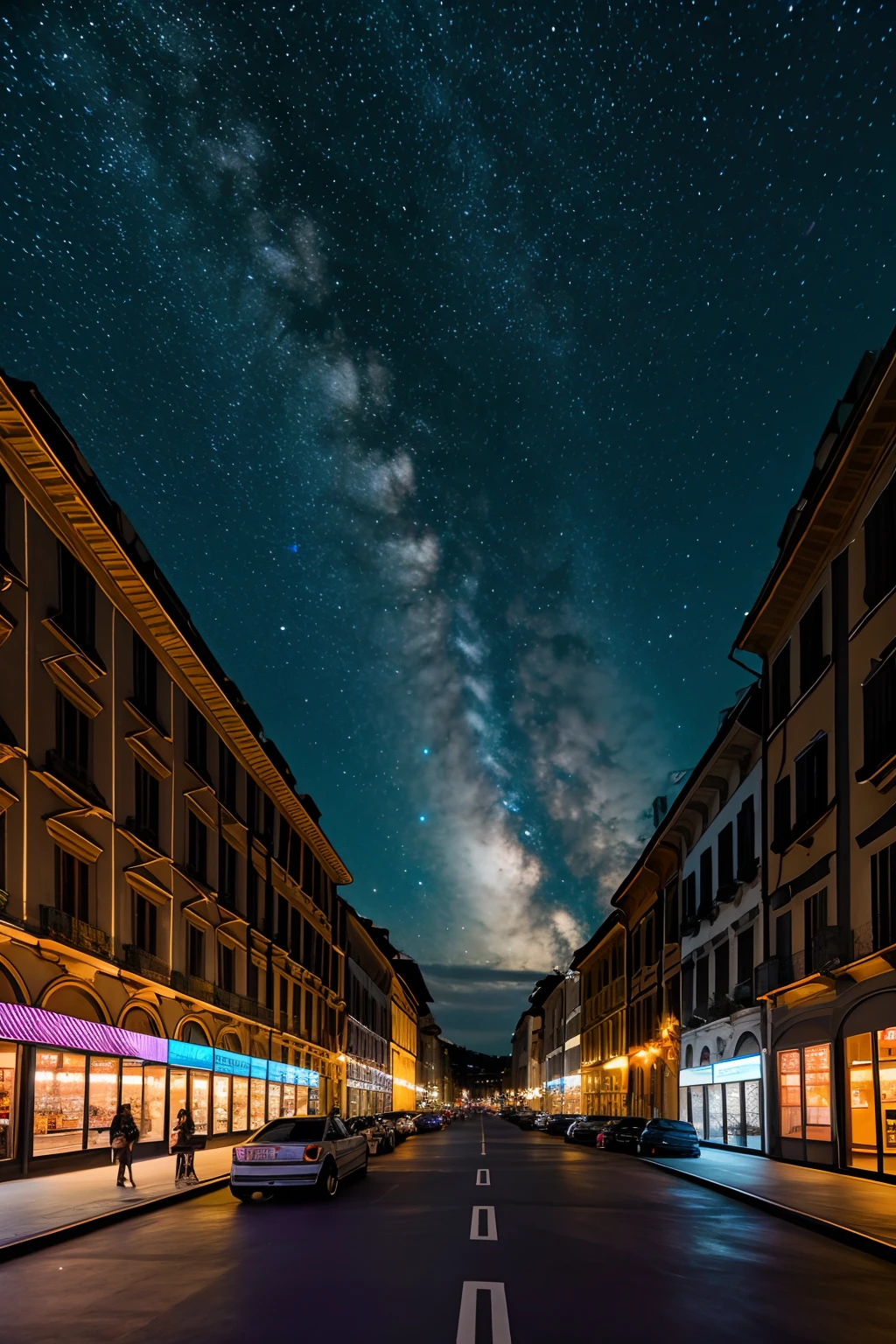 [Night sky filled with big cosmic bodies, vibrant colors, High Resolution, 8k photography, long shot, high camera angle, best quality camera lens, professional premium camera], (main point : brera district, milan, italy,), proper night lightings, night sky view, Machinery and outer space on background, retrowave, purple neon lights, (masterpiece,detailed,highres),