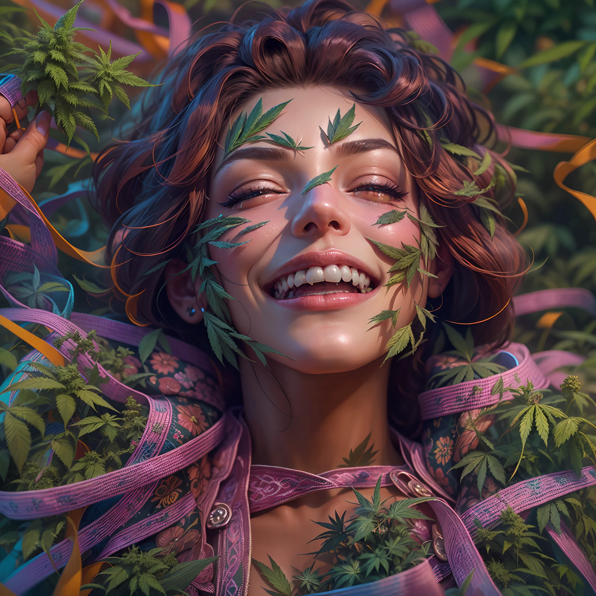 Top quality, masterpiece, super high resolution, ((Photorealistic: 1.4), raw photo, 1 beautiful girl buried in cannabis, ((portrait)), shiny skin, (super realistic details)), Cannabis and cocaine covering limbs, drug education. Beautiful woman with tongue sticking out, a piece of paper with a smiling emoji on her tongue ((LSD)), cannabis attached to her neck, psychedelic background connected to her head, octane rendering, 8K, super sharp, metal, Intricate psychedelic details, very intricate details, realistic light, facing the camera, psychedelic details,