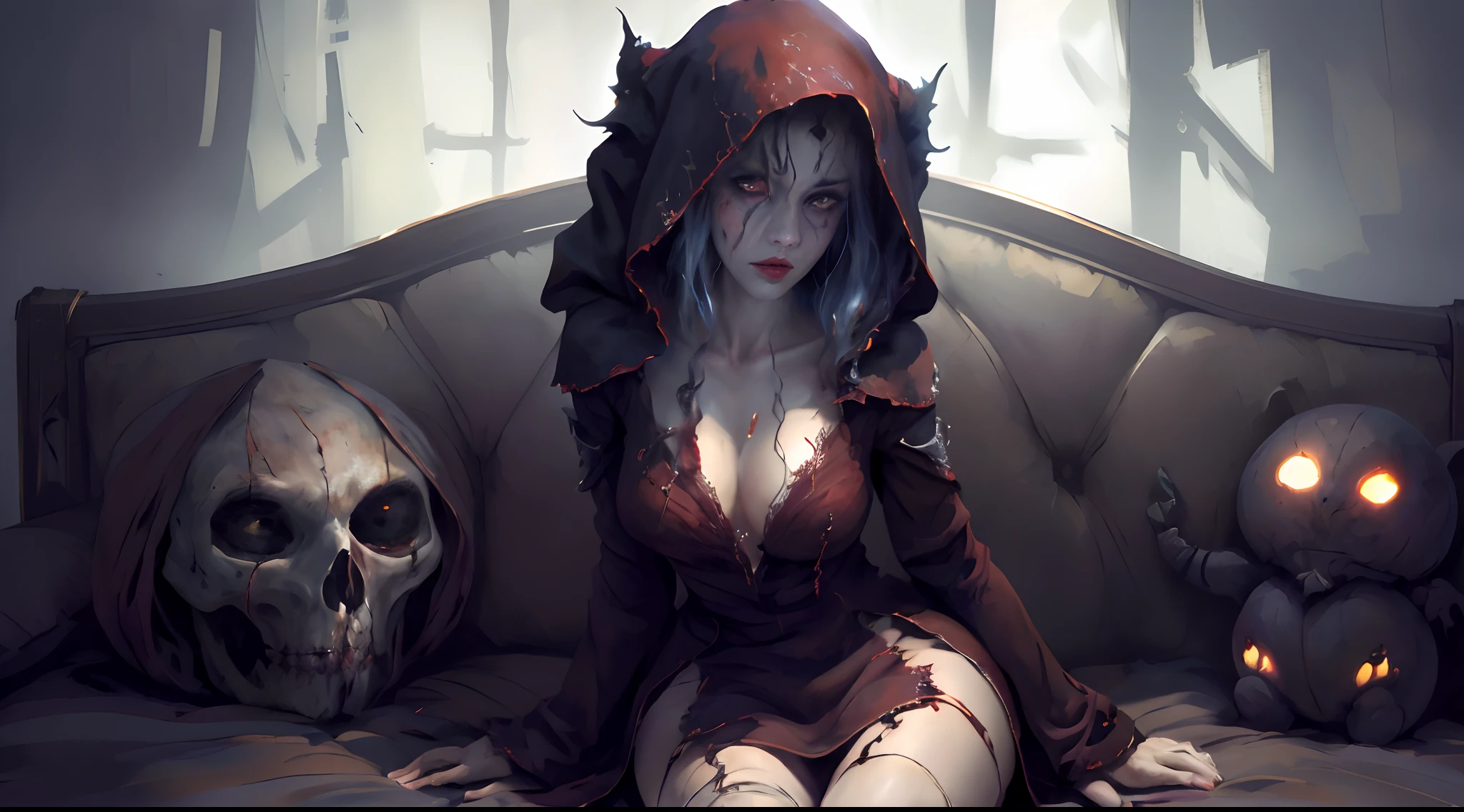 A very pal humanoid character, aux yeux rouges, Elle est folle, Noix, horreur, Elle est effrayante, Elle est effrayante, Valeur de choc, very diabolical, Elle est maigre, evoke, Peur, terreur, terreur, pourrir, disgust, elle est psychopathe, Sombre, Exceptionnellement mince, mince, Scraggly, emaciated, tordu, effrayant, Malade, Background ruins, castle, Blanc long_robe, gore, sanglant_mains, seulement, corps entier, (messy_long_Sombre_cheveux), Bosseler, Mauvais yeux, les yeux brillants, fire in the background, (She wears a very dirty old torn_blanc_robe), psychopathe, Leaning on a sofa,