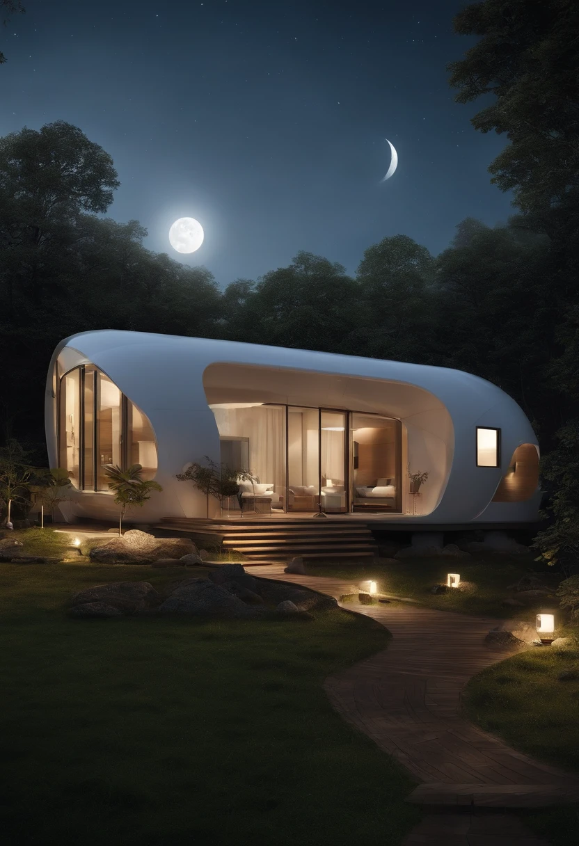 Develop an image of a modular and expandable lunar house, able to adapt to residents' needs over time. How this house would be built in independent modules and how they could be added or removed according to the needs of the occupants? com um robo falando!