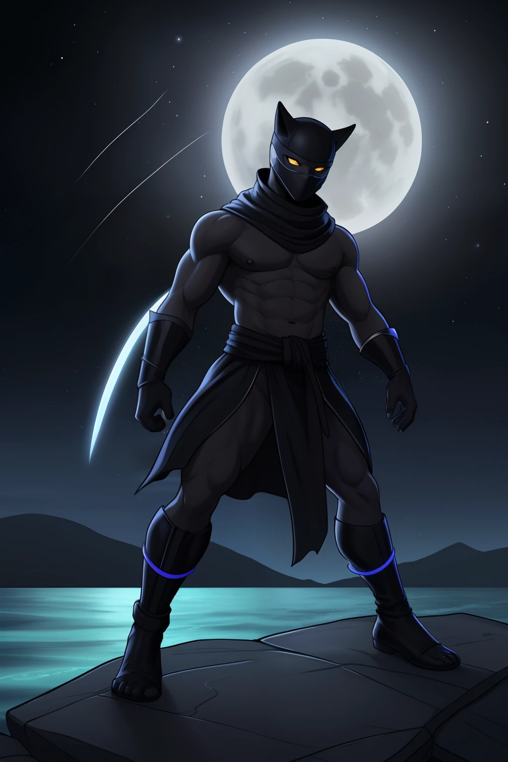 Create an image of a black ninja after an apocalypse in the future full-body shot, Olhos firmes, olhando para frente, Lightning in the sky, arms extended, olhando para frente, parado no topo de uma montanha, manto e capa vermelhos, cruz brilhante no ar. ,Arte Luz Neon, no escuro da noite, Um navio alto navega pelos mares iluminados pela ,..lua, estrelas, Colouring, circunstanciado, 4k