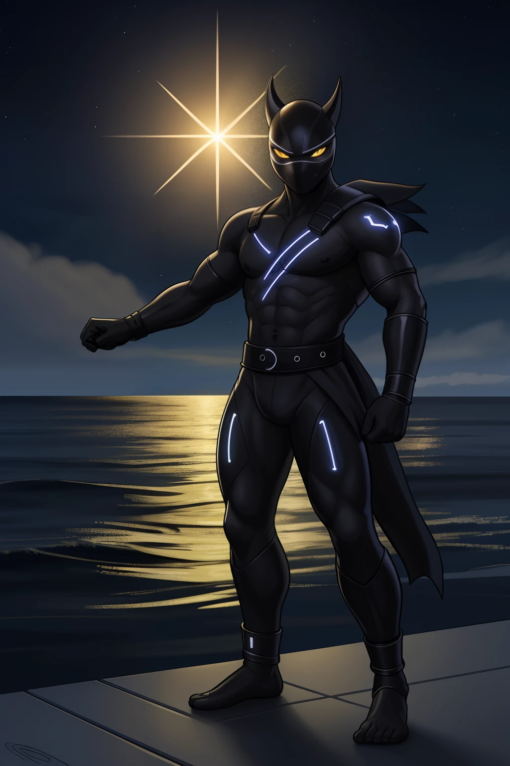 Create an image of a black ninja after an apocalypse in the future full-body shot, Olhos firmes, olhando para frente, Lightning in the sky, arms extended, olhando para frente, parado no topo de uma montanha, manto e capa vermelhos, cruz brilhante no ar. ,Arte Luz Neon, no escuro da noite, Um navio alto navega pelos mares iluminados pela ,..lua, estrelas, Colouring, circunstanciado, 4k