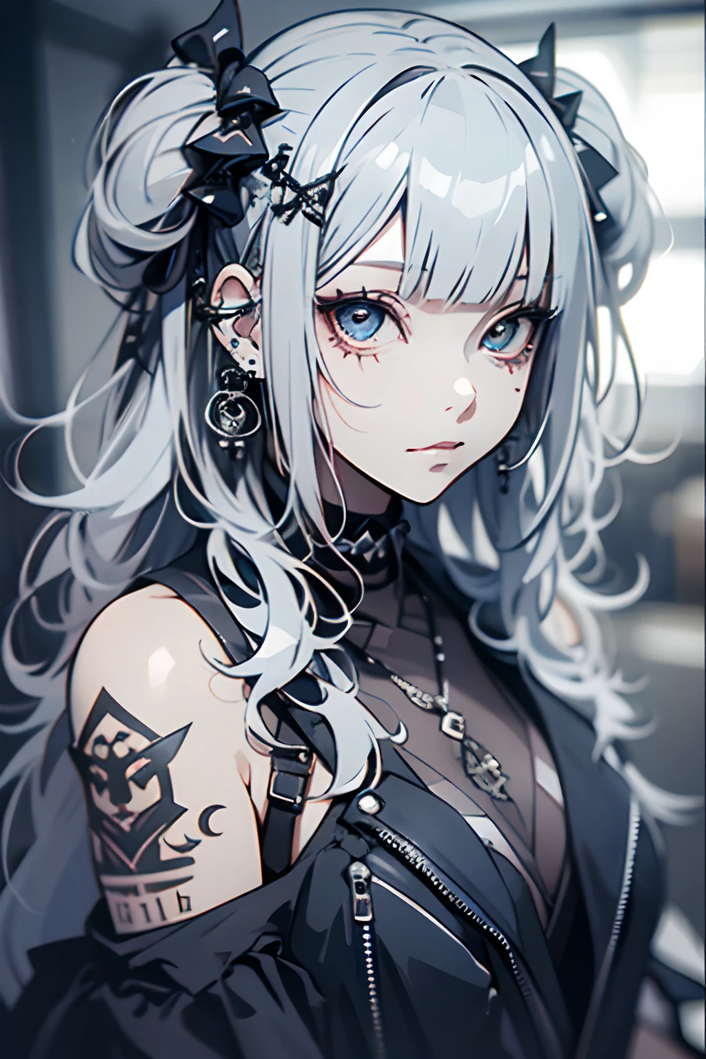 hair adornments、piercings、tattoo、goth_punk, 1girl in, 独奏,、top-quality, Photorealistic, An ultra-fine illustrations, beautiful attractive anime girl, miku hatsune, Slender body, Tied hair, one girls, a photo of girl, Full body shot, Beautiful blue eyes, Turned,耳Nipple Ring、hair adornments、jewely、miku hatsune、
