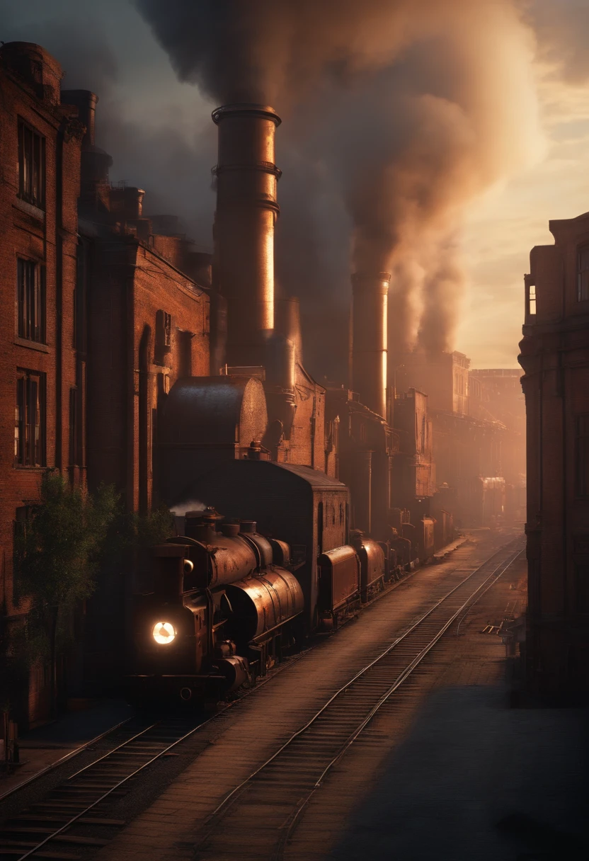 industrial city, surround by wall, steampunk, rusty and heavy, smoke, chimney, factories, gears, machinery, tall buildings, towers, steam power, steam pipes, streetlights, (cinematic lighting:0.8, super detail, bloom)
