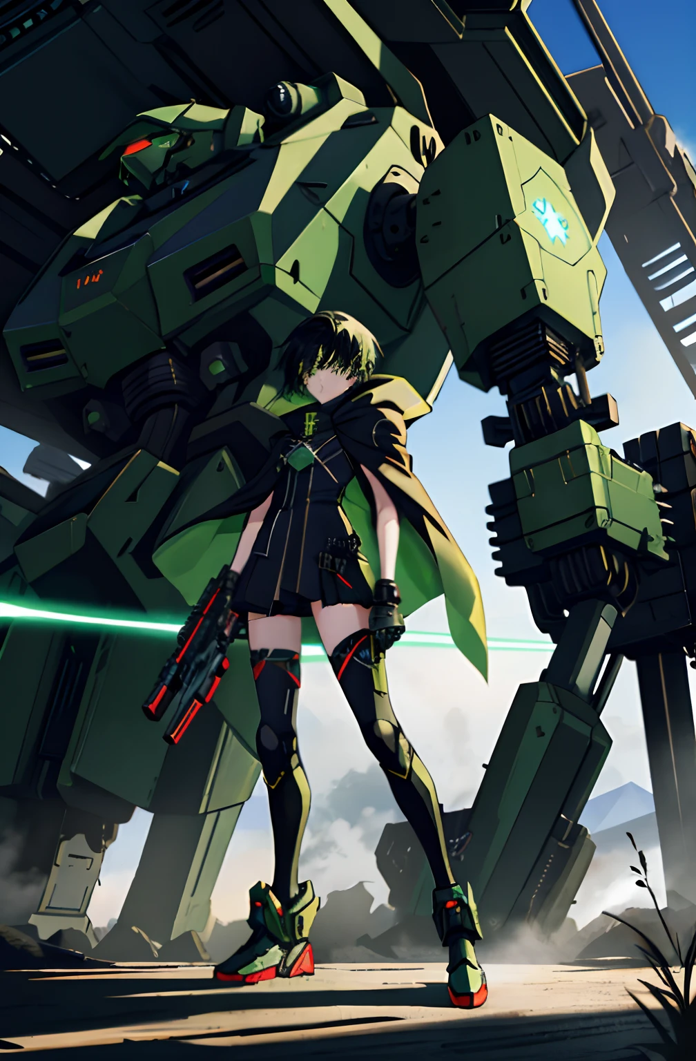 Anime girl sitting on the ground,Black cape and green hair, rogue anime girl, the anime girl is crouching, Wearing a cloak on the blasted plain, asuka suit under clothes!, holy cyborg necromancer girl, badass posture, mechanic punk outfit, anime styled 3d, render of a cute 3d anime girl, gapmoe yandere grimdark, Female character,musculature,Abs,Glowing green eyes,Black hair with green gradient,short detailed hair,Bunched hair,Dull hair,huge tit,Tomboyish,Be red in the face,looking at viewert,There was a mech next to her,One-eyed mech,The mech extends its shield to protect her,Round shield,Humanoid mech,She held a giant gun in her hand。。。。。,Large sci-fi firearms,Elaborate Eyes,Combat posture,4K,There was an explosion behind him,Suspended mech,Glowing cuirass