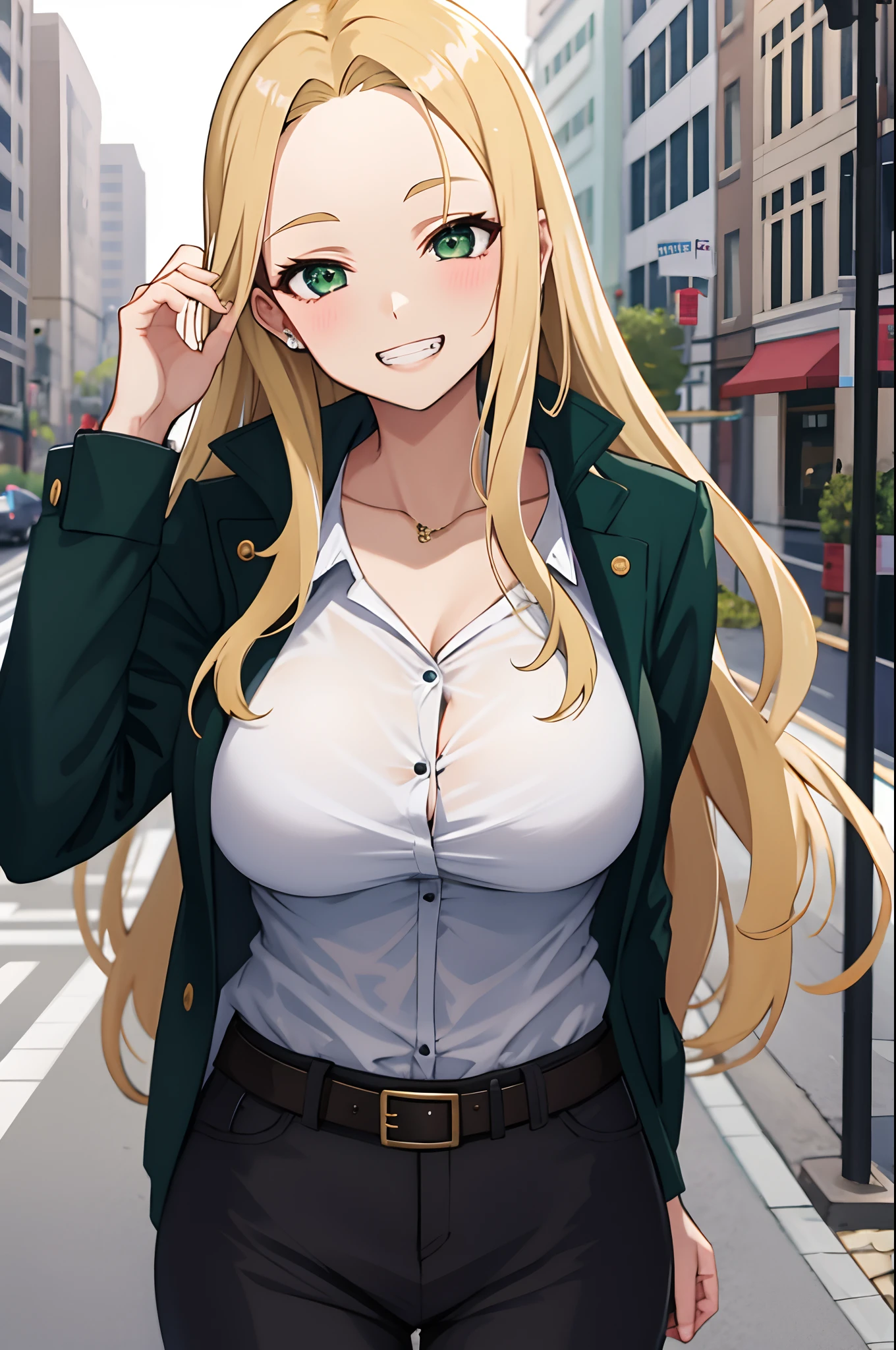 melhor qualidade,tmasterpiece,1 cinta,looks into the camera,cabelos dourados,Blusa de cor branca,Casaco Verde,sorriso,Corpos perfeitos