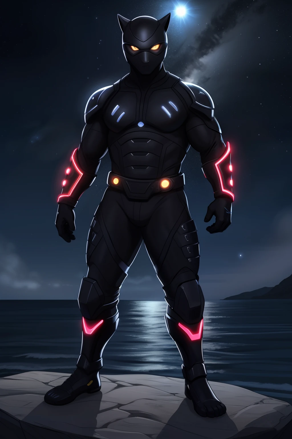 Create an image of a black ninja after an apocalypse in the future full-body shot, Olhos firmes, olhando para frente, Lightning in the sky, arms extended, olhando para frente, parado no topo de uma montanha, manto e capa vermelhos, cruz brilhante no ar. ,Arte Luz Neon, no escuro da noite, Um navio alto navega pelos mares iluminados pela ,..lua, estrelas, Colouring, circunstanciado, 4k