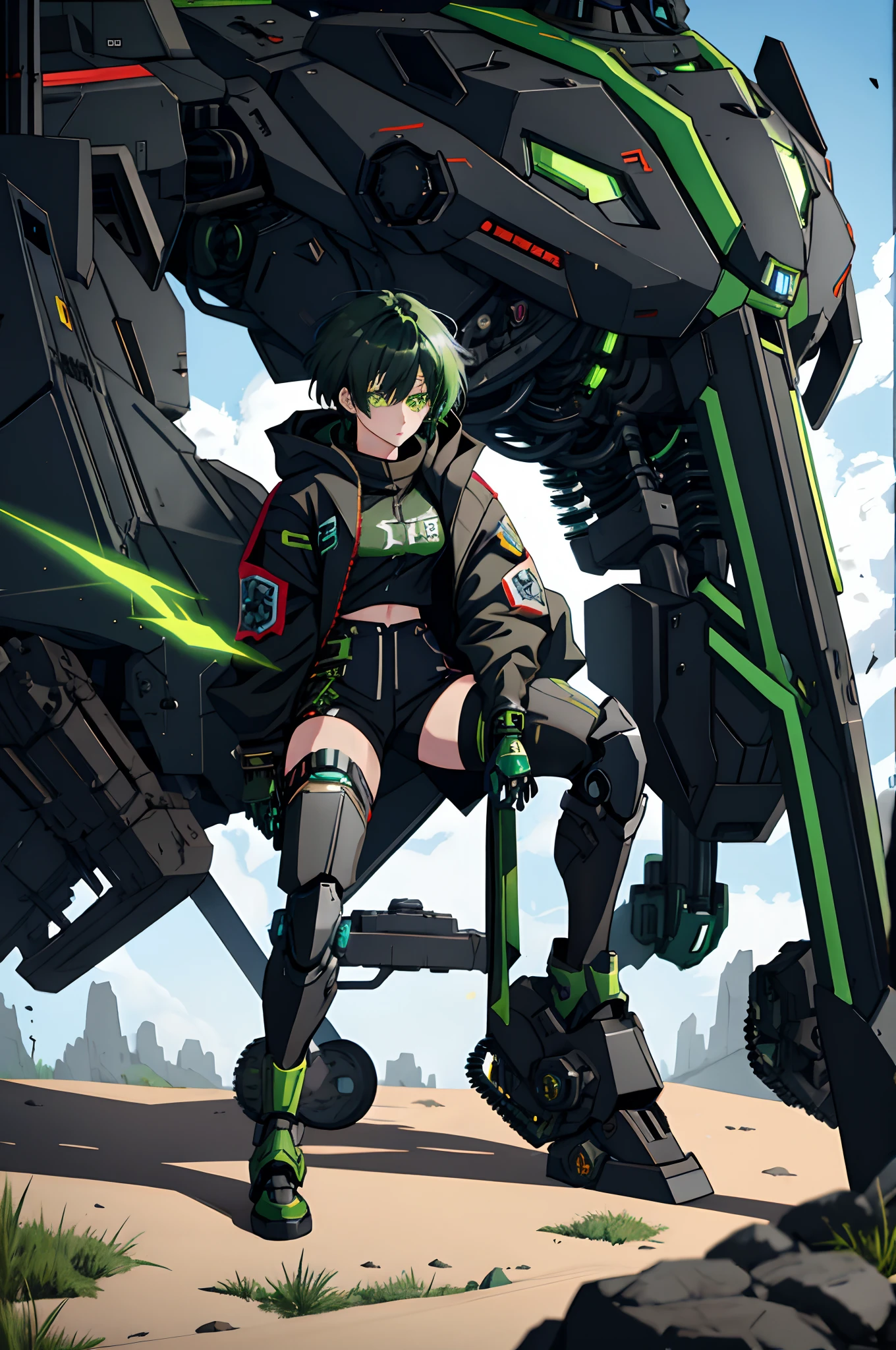 Anime girl sitting on the ground,Black cape and green hair, rogue anime girl, the anime girl is crouching, Wearing a cloak on the blasted plain, asuka suit under clothes!, holy cyborg necromancer girl, badass posture, mechanic punk outfit, anime styled 3d, render of a cute 3d anime girl, gapmoe yandere grimdark, Female character,musculature,Abs,Glowing green eyes,Black hair with green gradient,short detailed hair,Bunched hair,Dull hair,huge tit,Tomboyish,Be red in the face,looking at viewert,There was a mech next to her,One-eyed mech,The mech extends its shield to protect her,Round shield,Humanoid mech,Elaborate Eyes,The left leg is mechanical,Combat posture,Sit on the mech's lap