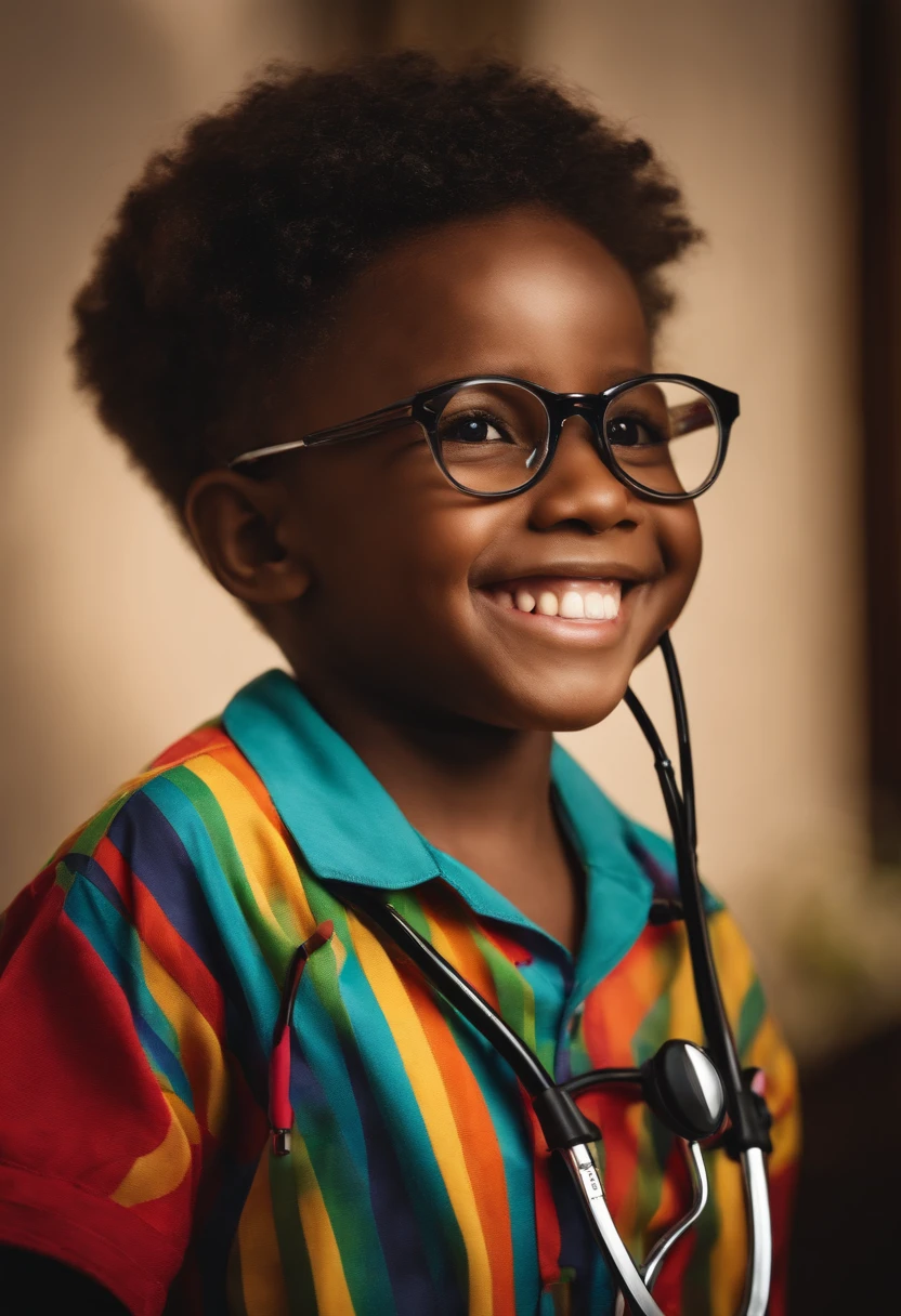Black child high definition glasses with stethoscope on neck smiling