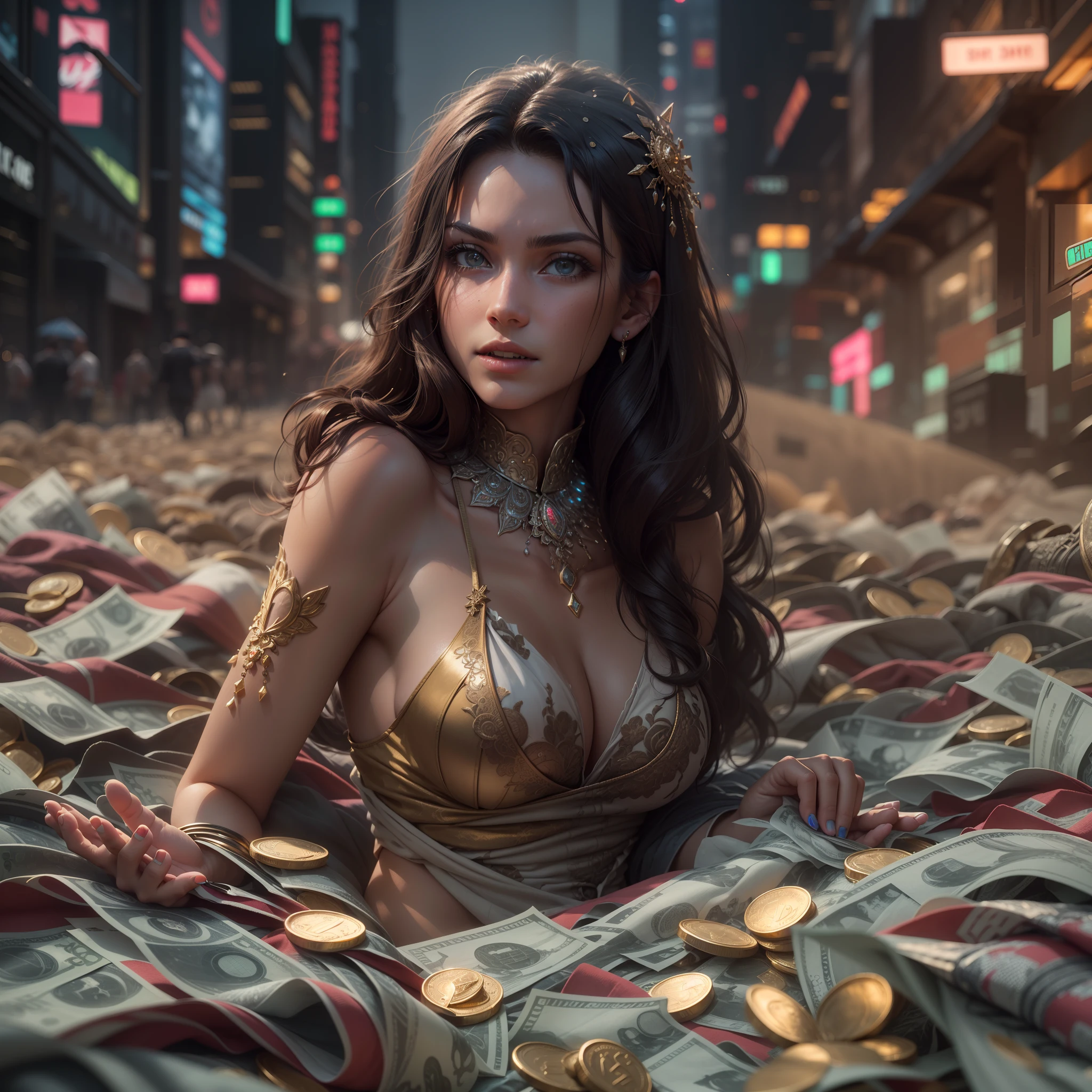 Top quality, masterpiece, super high resolution, ((Photorealistic: 1.4), raw photo, 1 beautiful girl buried in money, ((portrait)), shiny skin, (super realistic details)), Banknotes and coins from all over the world cover your hands and feet, as well as financial education. Long hair tied with a wad, gold attached to the neck, sparkling jewels connected to the head, octane rendering, 8K, super sharp, metal, intricate decorative details, very intricate details, realistic light, Neon details, (futuristic city in the background), facing the camera