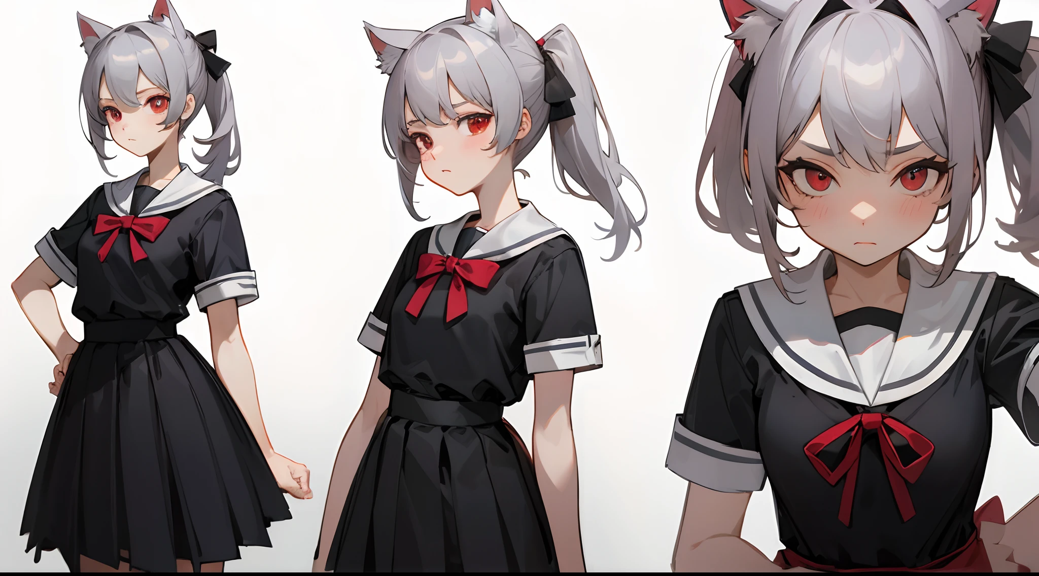 Masterpiece: 1.6, Best Quality: 1.4, Live Image: 1.2, intricate details: 1.2, Graphicsournerv2: 1.2, petite girl, gray hair, red eye color, tsundere, pony tail, cat ears, high school uniform、short sleeves, Adult girl, whitebackground (Single background, whitebackground: 1.3), multiple views, Multiple images of the same character in the same outfit: 1.3.