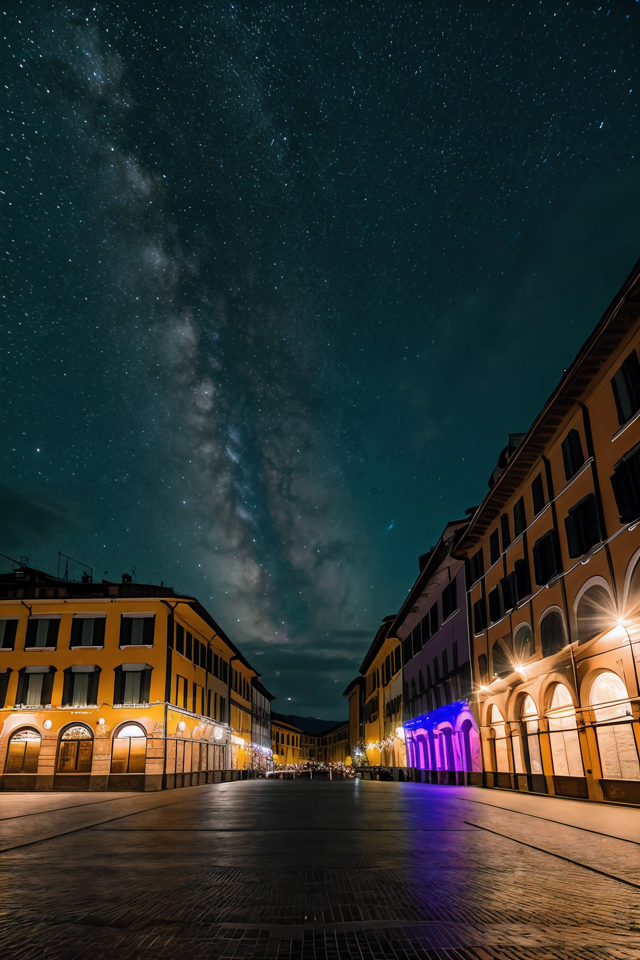 [Night sky filled with big cosmic bodies, vibrant colors, High Resolution, 8k photography, long shot, high camera angle, best quality camera lens, professional premium camera], (main point : brera district, milan, italy,), proper night lightings, night sky view, Machinery and outer space on background, retrowave, purple neon lights, (masterpiece,detailed,highres),