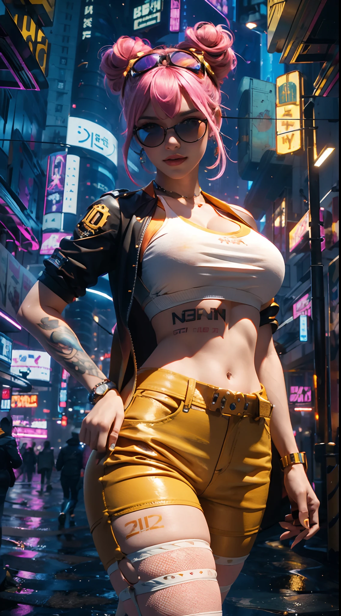 masterpiece, maximum quality, ultra high resolution, 8k, a girl,beauty,21years old,fair skin,High-tech eyewear, extremely beautiful,strong gaze, alone,bust portrait,cyberpunk outfit, extremely detailed face, detailed eyes, mischievous smile, cheerful, realistic photo, totally realistic, human pelle, studio lighting,golden ratio body, wide hips,perfect legs, big ass,pink hair, double buns,blunt bangs,orange and white clothing,D-cup breasts,in the cyberpunk city,cyberpunk city background,((night)),rain,side pose,tattoos,happy