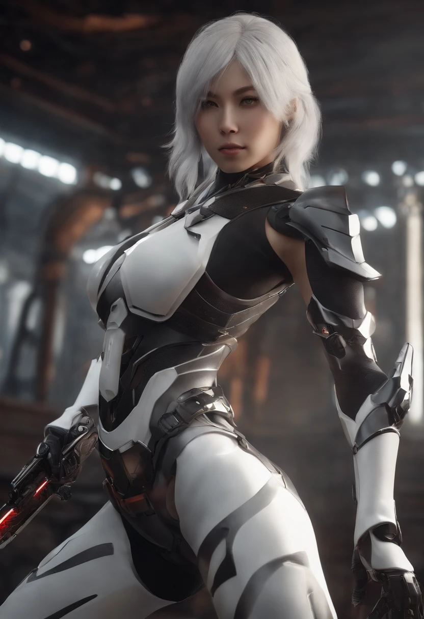 Meisterwerk), best quality, Perfektes Gesicht, Woman in futuristic suit posing for a photo, Weiblicher Ninja, perfect hands, Perfekte Finger, Perfekte Passform, Perfect Body, Cyber Japan-style armor, CG Artists, Beautiful female, Kunoichi, Spiel, Honkai-Einschlag, Coole Action-Pose, Turm der Fantasie, Super-Roboter, Frame Poor Girl, Ziehe Schwerter, White hair, battojutsu, full entire body, Detaillierter Hintergrund, Detailliertes Outfit, Unreal-Engine, Oktan-Rendering, 8K, highest resolution, Highly detailed, Waifu, Samurai, Katana, Guns