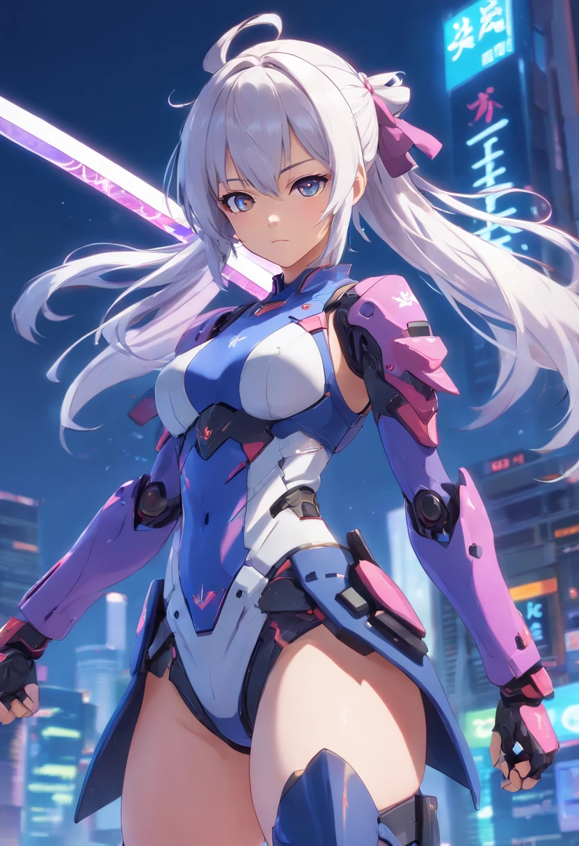 Meisterwerk), best quality, Perfektes Gesicht, Woman in futuristic suit posing for a photo, Weiblicher Ninja, perfect hands, Perfekte Finger, Perfekte Passform, Perfect Body, Cyber Japan-style armor, CG Artists, Beautiful female, Kunoichi, Spiel, Honkai-Einschlag, Coole Action-Pose, Turm der Fantasie, Super-Roboter, Frame Poor Girl, Ziehe Schwerter, White hair, battojutsu, full entire body, Detaillierter Hintergrund, Detailliertes Outfit, Unreal-Engine, Oktan-Rendering, 8K, highest resolution, Highly detailed, Waifu, Samurai, Katana, Guns