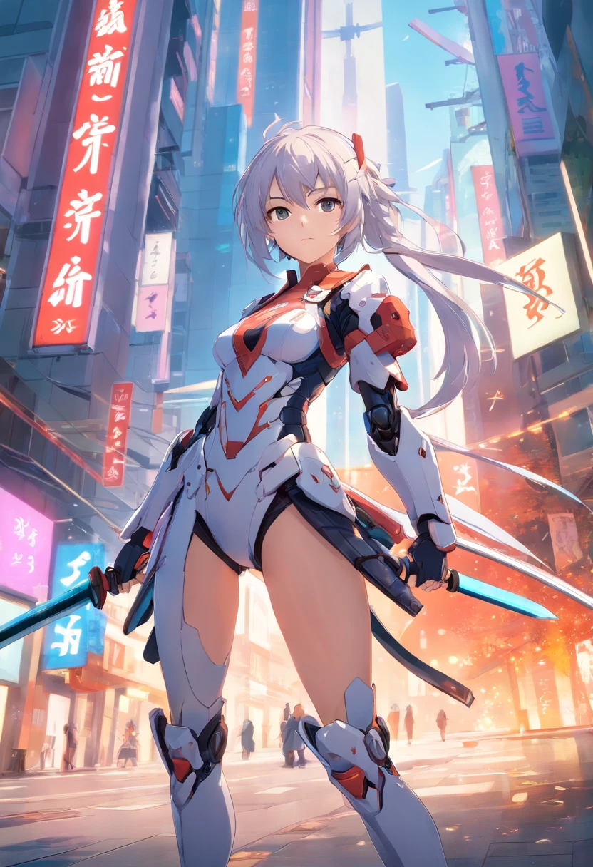 Meisterwerk), best quality, Perfektes Gesicht, Woman in futuristic suit posing for a photo, Weiblicher Ninja, perfect hands, Perfekte Finger, Perfekte Passform, Perfect Body, Cyber Japan-style armor, CG Artists, Beautiful female, Kunoichi, Spiel, Honkai-Einschlag, Coole Action-Pose, Turm der Fantasie, Super-Roboter, Frame Poor Girl, Ziehe Schwerter, White hair, battojutsu, full entire body, Detaillierter Hintergrund, Detailliertes Outfit, Unreal-Engine, Oktan-Rendering, 8K, highest resolution, Highly detailed, Waifu, Samurai, Katana, Guns