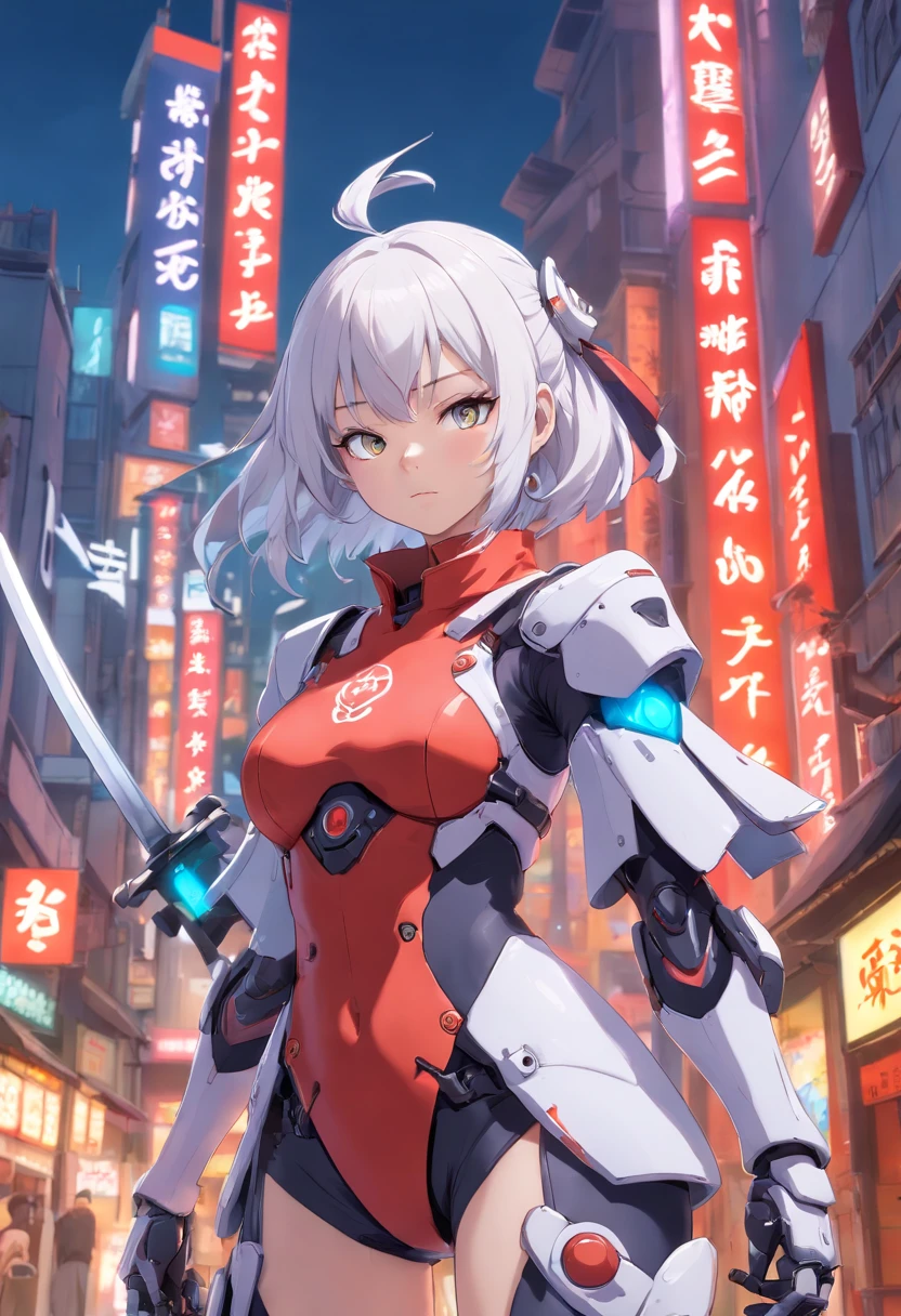 Meisterwerk), best quality, Perfektes Gesicht, Woman in futuristic suit posing for a photo, Weiblicher Ninja, perfect hands, Perfekte Finger, Perfekte Passform, Perfect Body, Cyber Japan-style armor, CG Artists, Beautiful female, Kunoichi, Spiel, Honkai-Einschlag, Coole Action-Pose, Turm der Fantasie, Super-Roboter, Frame Poor Girl, Ziehe Schwerter, White hair, battojutsu, full entire body, Detaillierter Hintergrund, Detailliertes Outfit, Unreal-Engine, Oktan-Rendering, 8K, highest resolution, Highly detailed, Waifu, Samurai, Katana, Guns