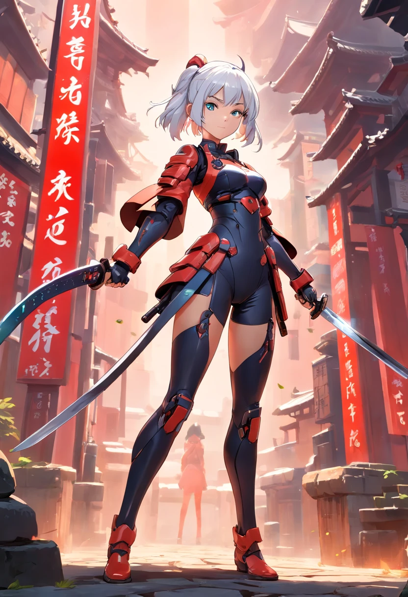 Meisterwerk), best quality, Perfektes Gesicht, Woman in futuristic suit posing for a photo, Weiblicher Ninja, perfect hands, Perfekte Finger, Perfekte Passform, Perfect Body, Cyber Japan-style armor, CG Artists, Beautiful female, Kunoichi, Spiel, Honkai-Einschlag, Coole Action-Pose, Turm der Fantasie, Super-Roboter, Frame Poor Girl, Ziehe Schwerter, White hair, battojutsu, full entire body, Detaillierter Hintergrund, Detailliertes Outfit, Unreal-Engine, Oktan-Rendering, 8K, highest resolution, Highly detailed, Waifu, Samurai, Katana, Guns