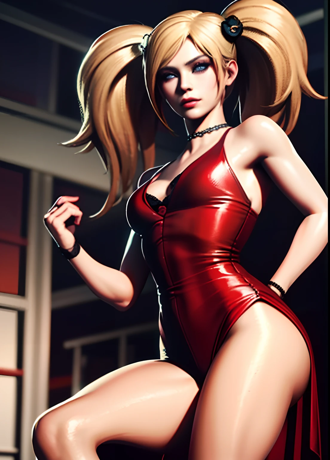 young woman 20 years old, red dress,blond hair, resident evil style, blue eyes, realistic style, 8k, small breasts, asian, model Ada wong realistic, real photo, realism
