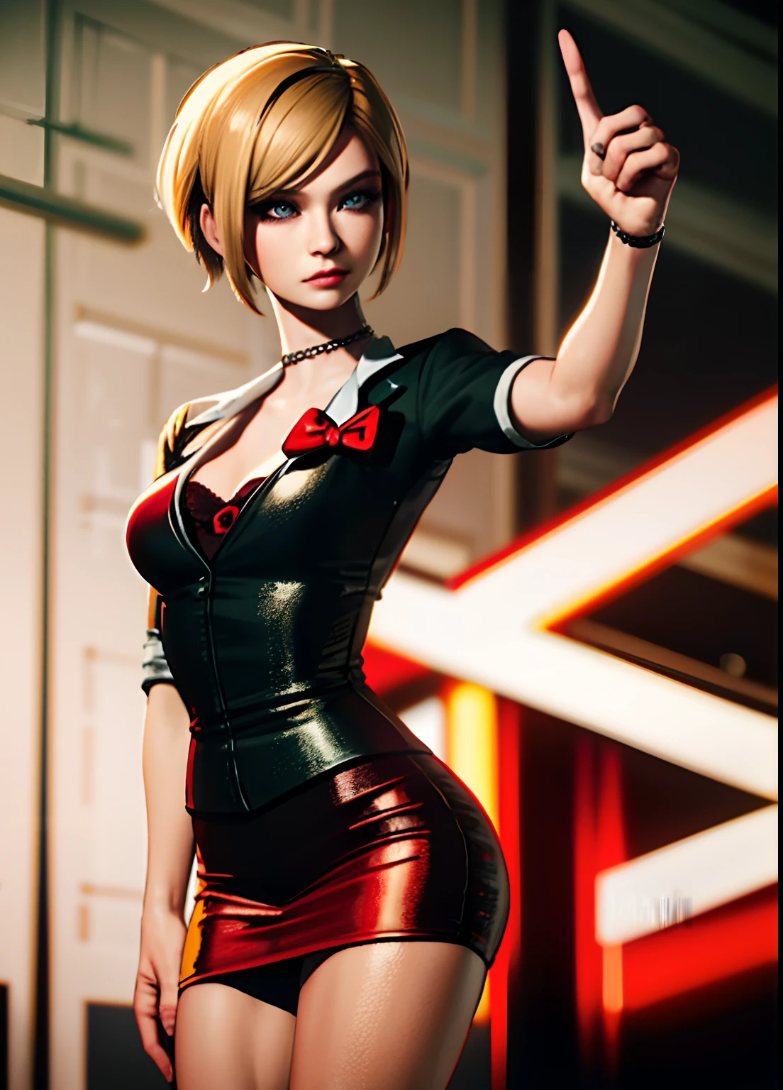 young woman 20 years old, red dress,blond hair, resident evil style, blue eyes, realistic style, 8k, small breasts, asian, model Ada wong realistic, real photo, realism