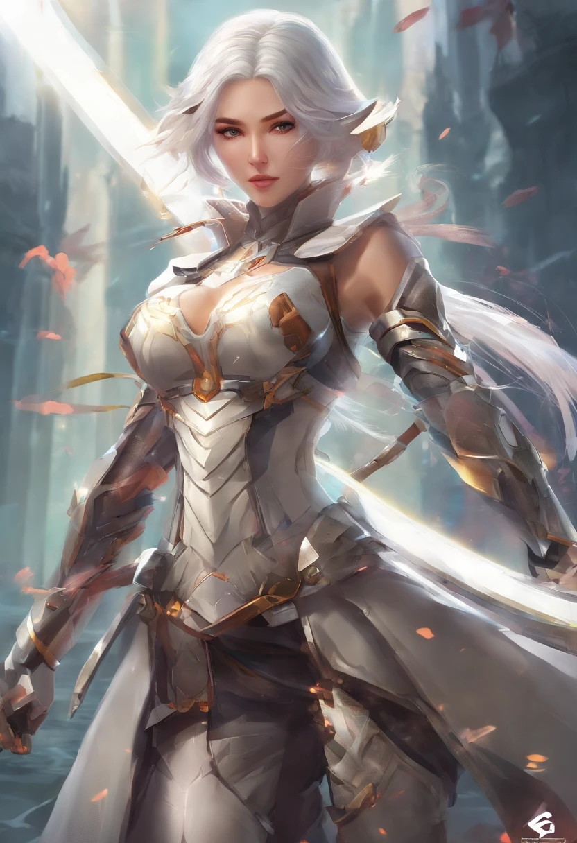 Meisterwerk), best quality, Perfektes Gesicht, Woman in futuristic suit posing for a photo, Weiblicher Ninja, perfect hands, Perfekte Finger, Perfekte Passform, Perfect Body, Cyber Japan-style armor, CG Artists, Beautiful female, Kunoichi, Spiel, Honkai-Einschlag, Coole Action-Pose, Turm der Fantasie, Super-Roboter, Frame Poor Girl, Ziehe Schwerter, White hair, battojutsu, full entire body, Detaillierter Hintergrund, Detailliertes Outfit, Unreal-Engine, Oktan-Rendering, 8K, highest resolution, Highly detailed, Waifu, Samurai, Katana, Guns