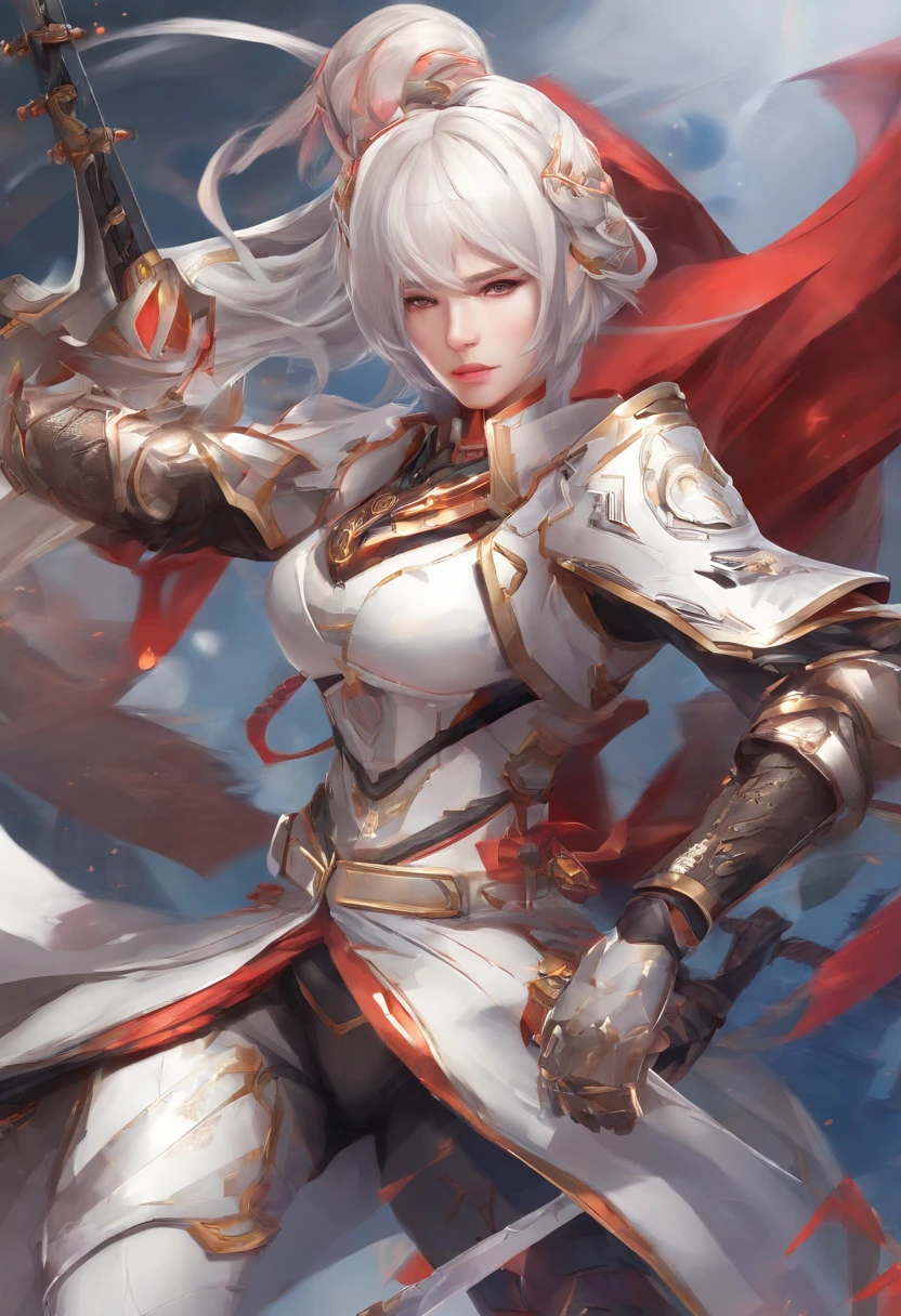 Meisterwerk), best quality, Perfektes Gesicht, Woman in futuristic suit posing for a photo, Weiblicher Ninja, perfect hands, Perfekte Finger, Perfekte Passform, Perfect Body, Cyber Japan-style armor, CG Artists, Beautiful female, Kunoichi, Spiel, Honkai-Einschlag, Coole Action-Pose, Turm der Fantasie, Super-Roboter, Frame Poor Girl, Ziehe Schwerter, White hair, battojutsu, full entire body, Detaillierter Hintergrund, Detailliertes Outfit, Unreal-Engine, Oktan-Rendering, 8K, highest resolution, Highly detailed, Waifu, Samurai, Katana, Guns