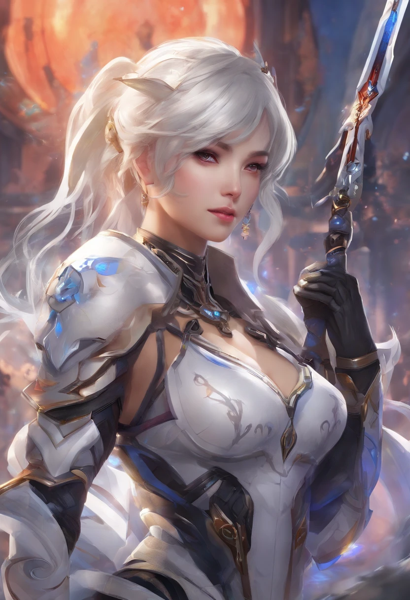 Meisterwerk), best quality, Perfektes Gesicht, Woman in futuristic suit posing for a photo, Weiblicher Ninja, perfect hands, Perfekte Finger, Perfekte Passform, Perfect Body, Cyber Japan-style armor, CG Artists, Beautiful female, Kunoichi, Spiel, Honkai-Einschlag, Coole Action-Pose, Turm der Fantasie, Super-Roboter, Frame Poor Girl, Ziehe Schwerter, White hair, battojutsu, full entire body, Detaillierter Hintergrund, Detailliertes Outfit, Unreal-Engine, Oktan-Rendering, 8K, highest resolution, Highly detailed, Waifu, Samurai, Katana, Guns
