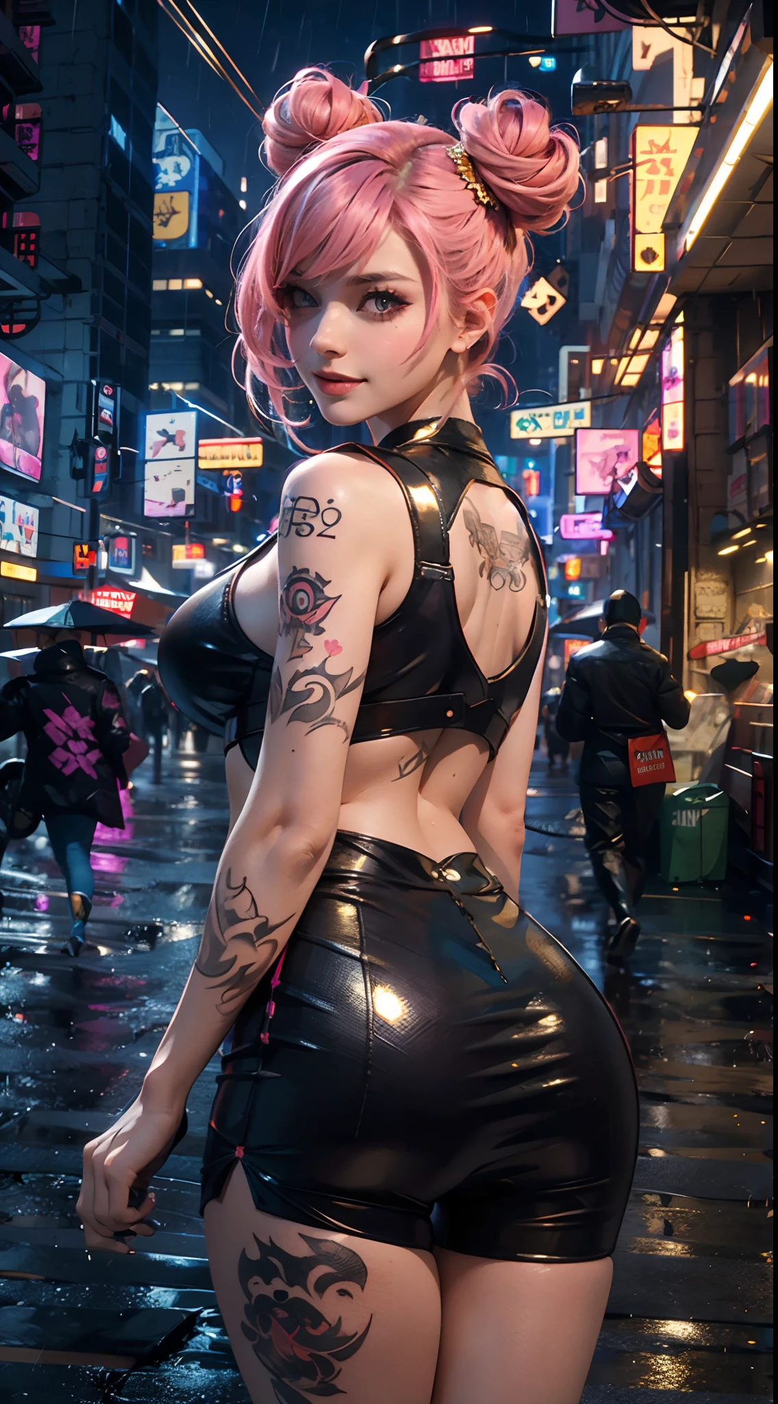 masterpiece, maximum quality, ultra high resolution, 8k, a girl,beauty,21years old,fair skin, extremely beautiful,strong gaze, alone,bust portrait,cyberpunk outfit, extremely detailed face, detailed eyes, mischievous smile, cheerful, realistic photo, totally realistic, human pelle, studio lighting,golden ratio body, wide hips,perfect legs, big ass,pink hair, double buns,blunt bangs,orange and white clothing,D-cup breasts,in the cyberpunk city,cyberpunk city background,((night)),rain,side pose,tattoos,happy