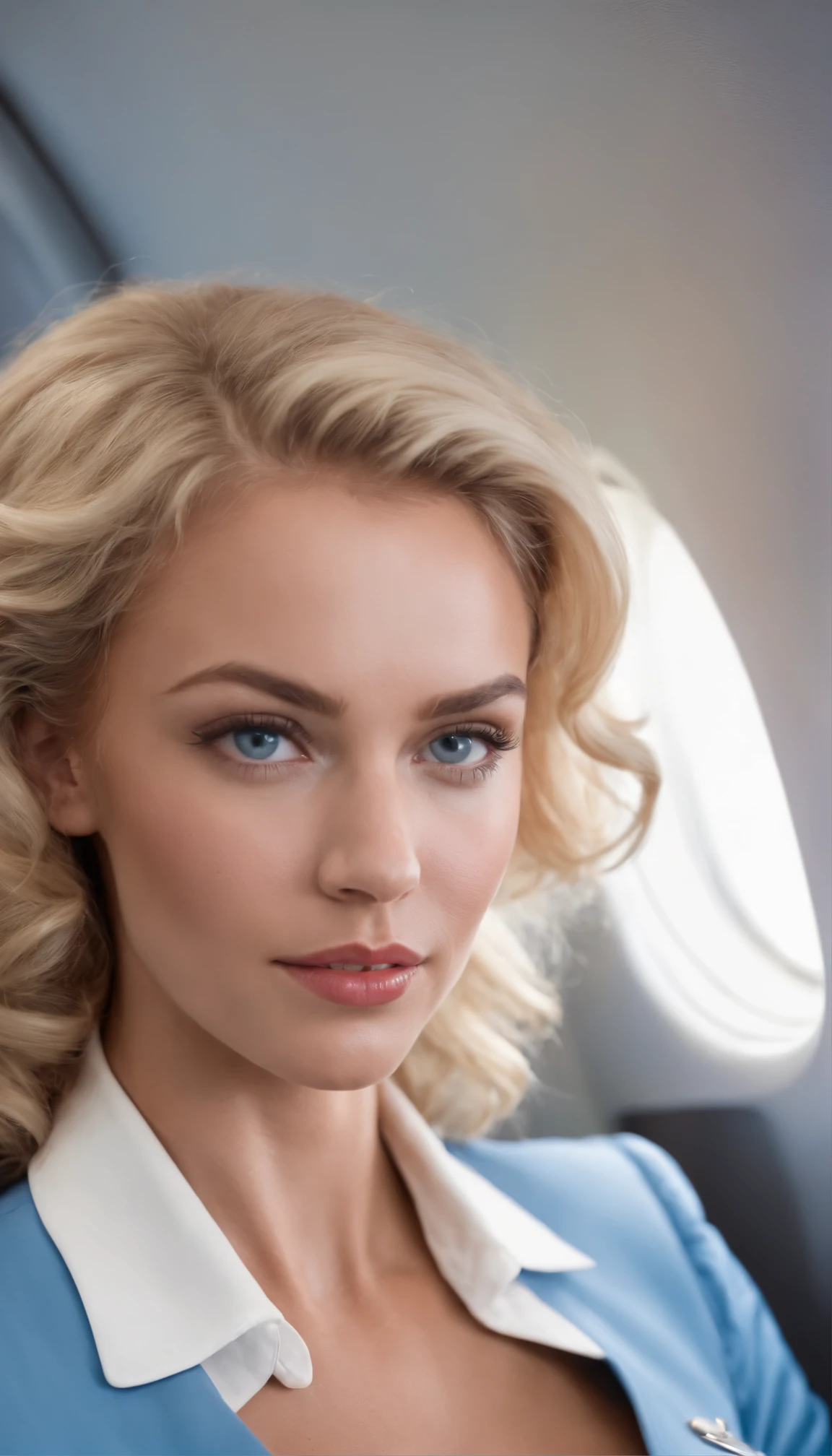 A beautiful blonde woman,curlies, Blue eyes, Tanned skin, Wearing a flight attendant costume, in an airplane, full bodyesbian