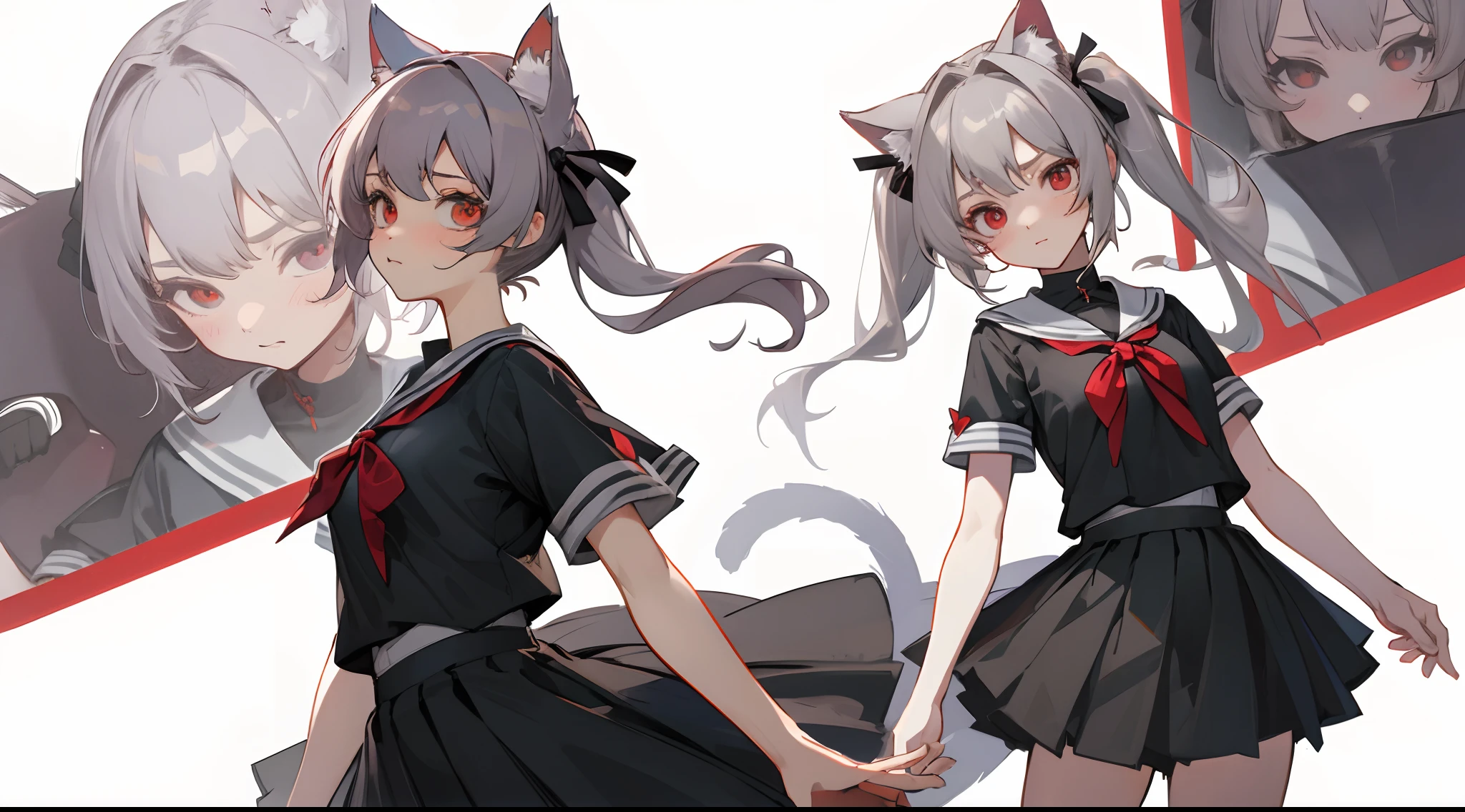 Masterpiece: 1.6, Best Quality: 1.4, Live Image: 1.2, intricate details: 1.2, Graphicsournerv2: 1.2, petite girl, gray hair, red eye color, tsundere, pony tail, cat ears, high school uniform、short sleeves, Adult girl, whitebackground (Single background, whitebackground: 1.3), multiple views, Multiple images of the same character in the same outfit: 1.3.