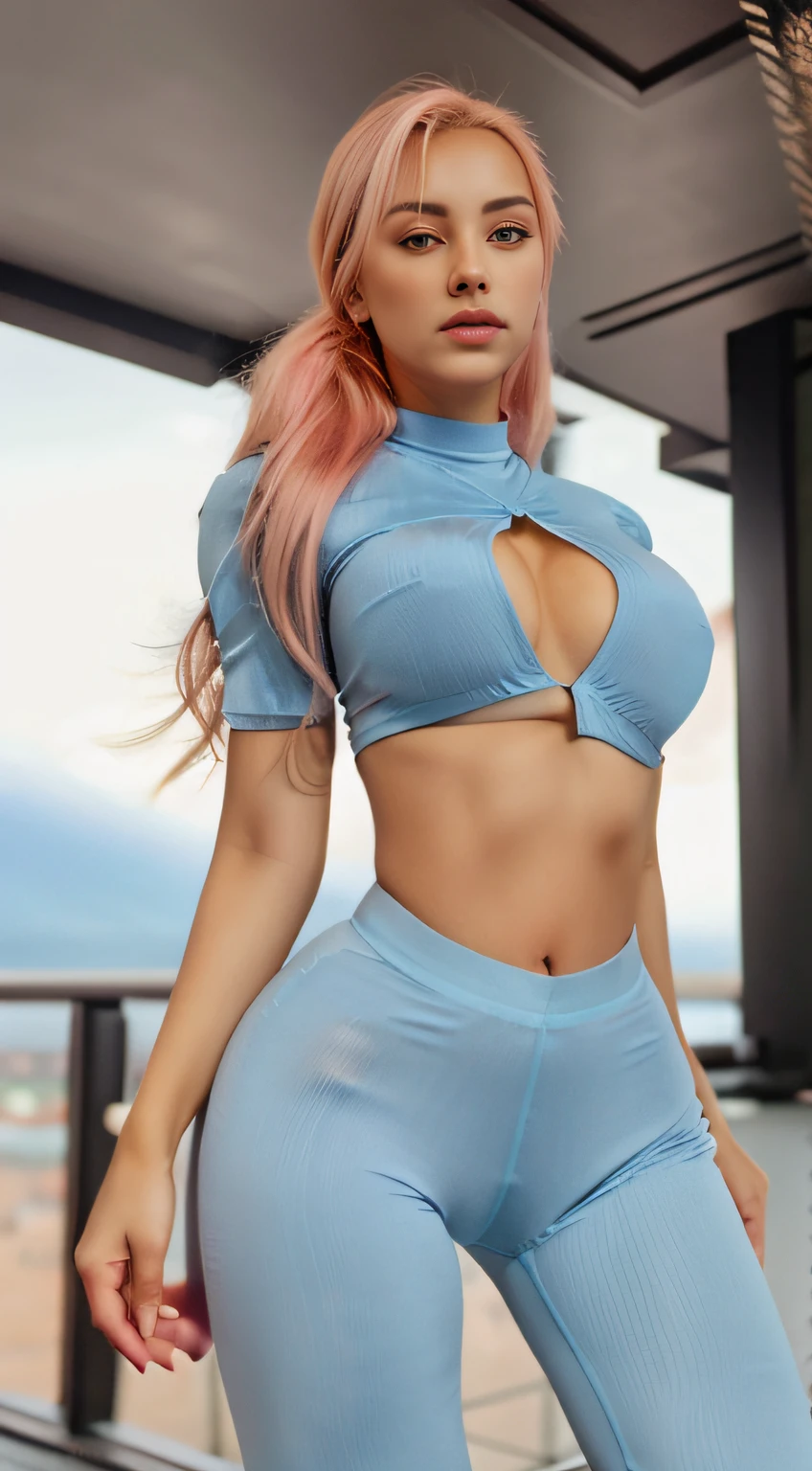 Plano completo de una mujer parecida a Reislin, {Reislin} (usar Leggings de spandex colorazul brillante, camisa corta underboob) (escote) Los ojos son verdes, Poses discretas, Estructura media, Round middle buttocks、Pecho grande {{{obra maestra}}}, {{{La mejor calidad}}}, {{{Altas Resoluciones}}}, {cinematic lighting}, cuerpo sexy, Piel detallada, realista , cuerpo completo, realista, {Reislin} ((cuerpo completo))