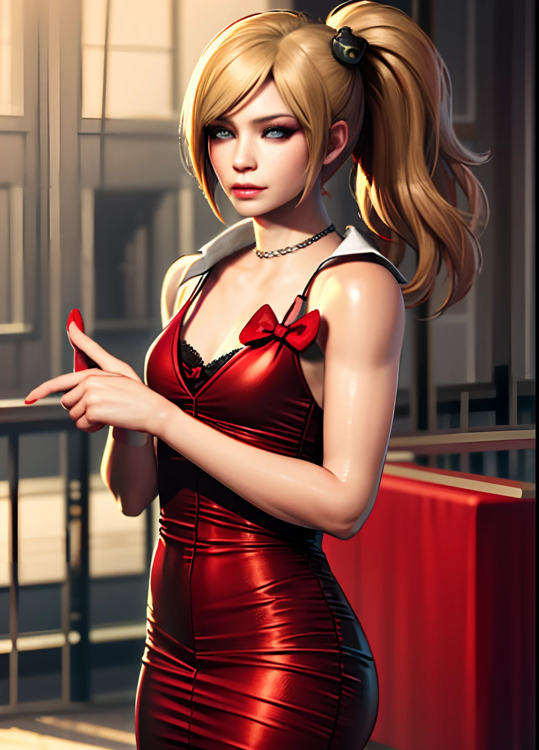 young woman 20 years old, red dress,blond hair, resident evil style, blue eyes, realistic style, 8k, small breasts, asian, model Ada wong realistic, real photo, realism