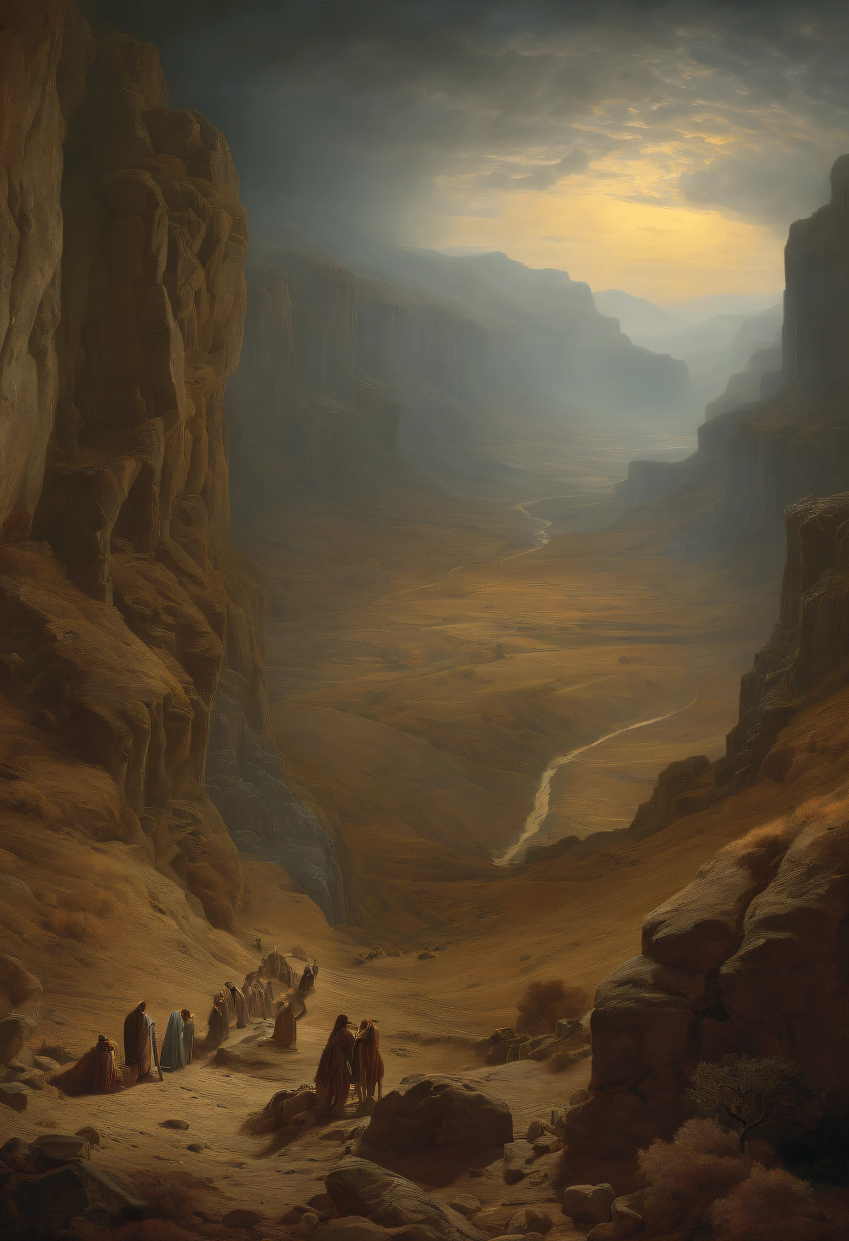 'The Vision of the Valley of Dry Bones' in 1866 by Gustave Dore, filtro cyberpunk, manter panorama e perpspectiva original