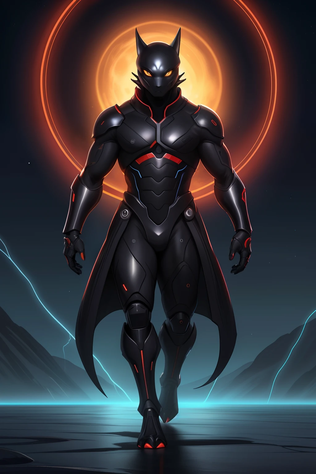Biomechanical creature in humanoid form, com pele opalescente e escamas, master part, absolutamente perfeito, imagem impressionante, visualmente rico, intrinsecamente detalhado, arte conceitual, por Mschiffer, Bright holographic, cinemactic, Papel de parede UHD, ..3d, octan render, Volumetric lights, Full body Create an image of a black ninja after an apocalypse in the future Full Body Shot, Olhos firmes, olhando para frente, Lightning in the sky, arms extended, olhando para frente, parado no topo de uma montanha, manto e capa vermelhos, cruz brilhante no ar. ,Arte Luz Neon, no escuro da noite, Um navio alto navega pelos mares iluminados pela ,..lua, estrelas, Colouring, circunstanciado, 4k