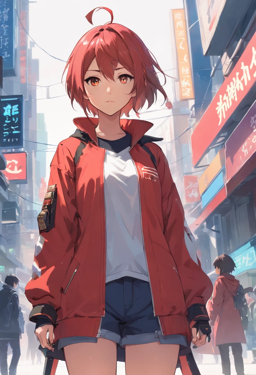 (Master-Teil, best qulaity), Konzeptzeichnung, Full body image of a dark-skinned woman, die eine (big red jacket:1.2) und schwarzes Hemd, Kampf-Pose, Komplizierte Details, chromatische Aberration, (Schwarze Haut:1.2), 1girls, langes lockiges Haar, hellbraunes Haar, Unordentliches Haar, Roboter-Beine, Biomechanik, hair above one eye, Honigaugen, Scharfe Augen, Neon-Shirt, Offener Mantel, big sword, Kybernetische Katana, Dunkle Klinge, JRPG-Stil, Tech-Fantasie, Final Fantasy, Pastellfarben, (Einfacher Hintergrund, white background:1.3)